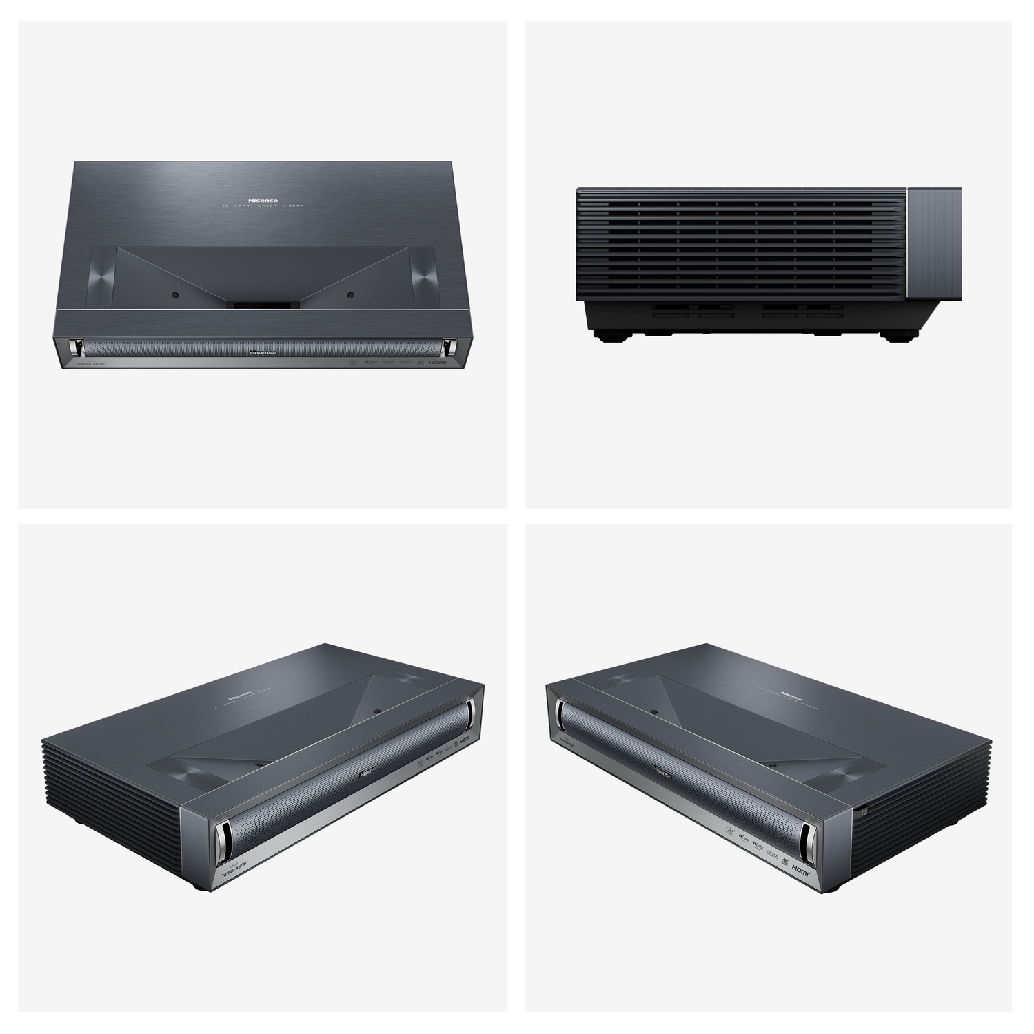 Four views of a dark projector showing its different angles.