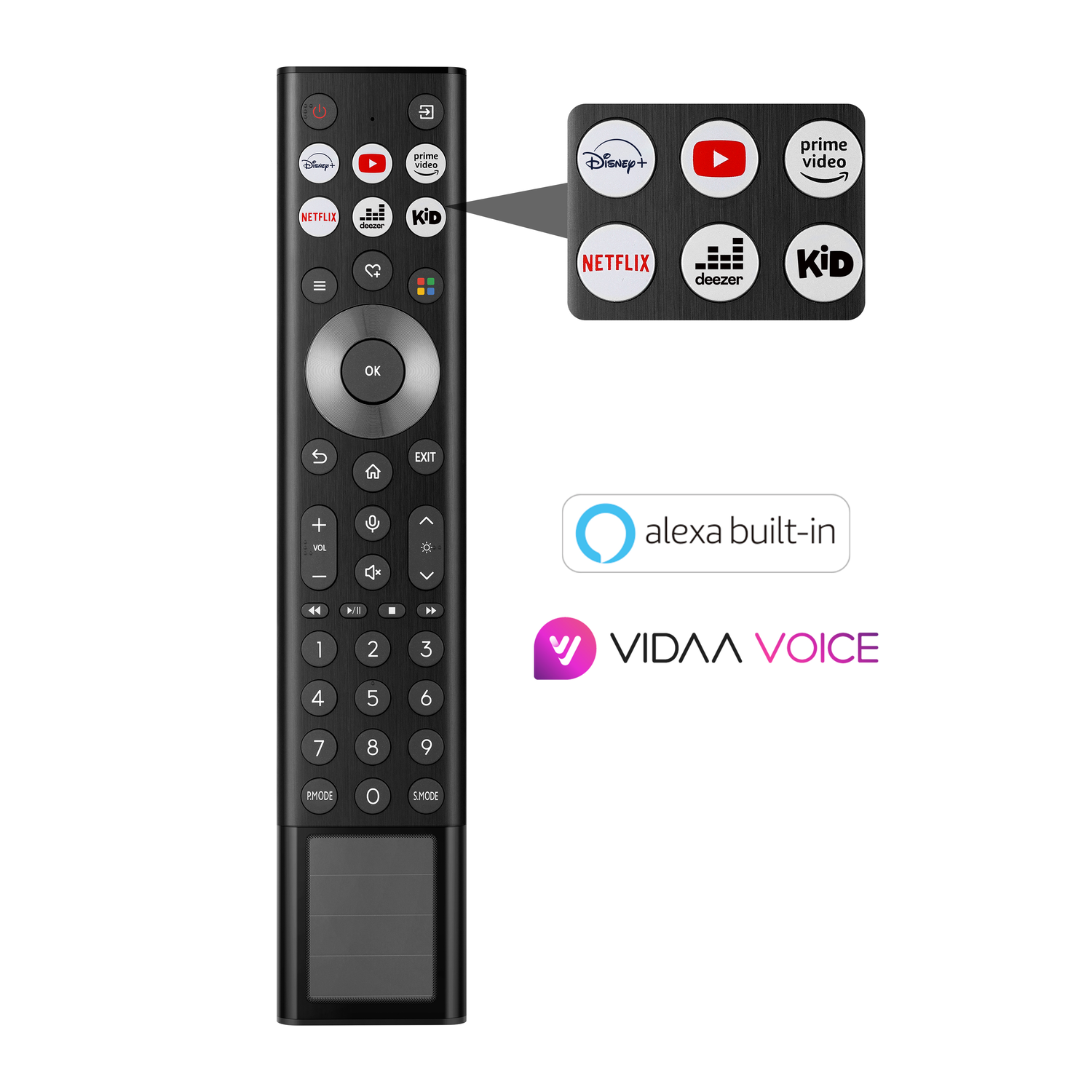 A black remote control with buttons and icons. Icons include Netflix, Disney+, and Youtube.