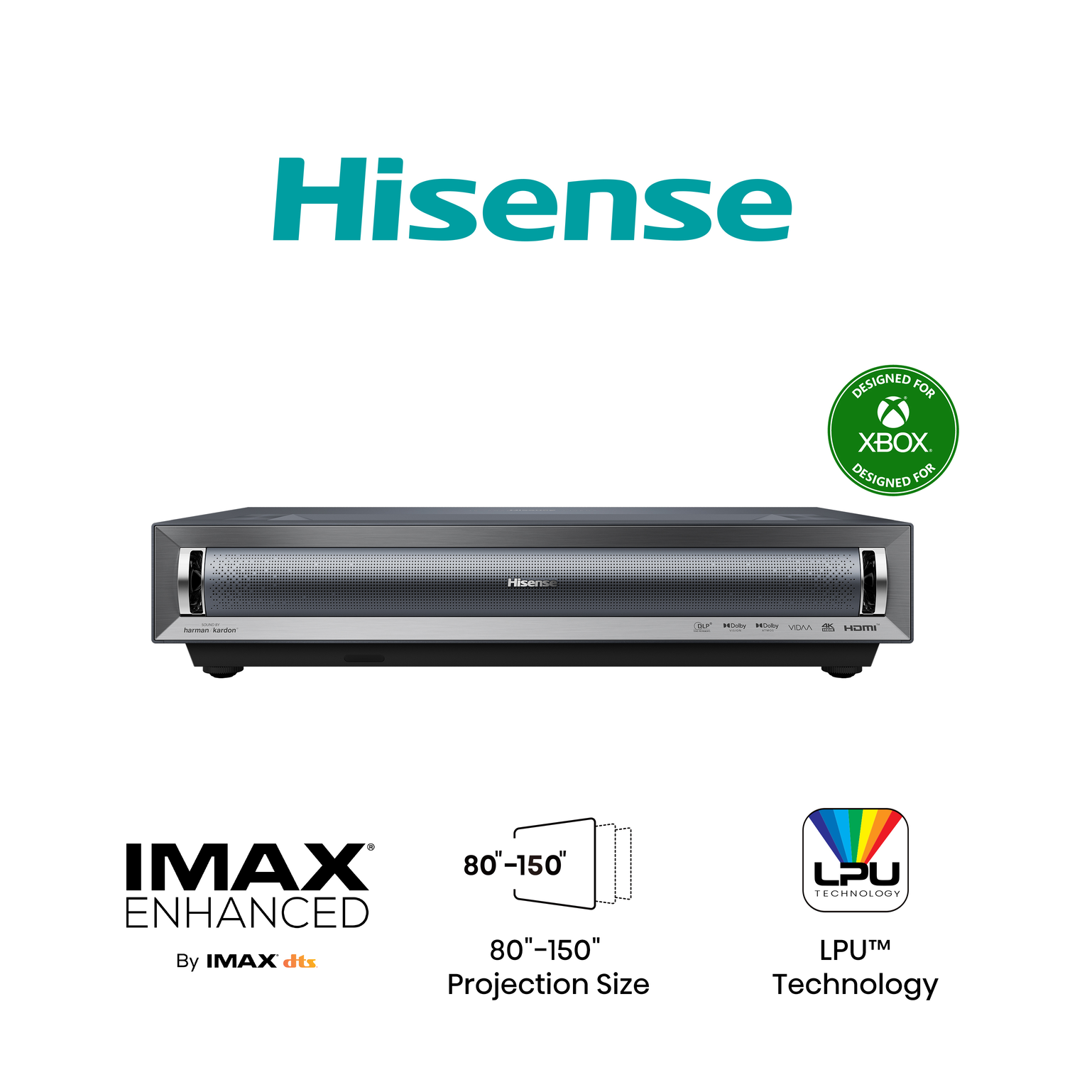 Hisense home theater projector with text and logos.