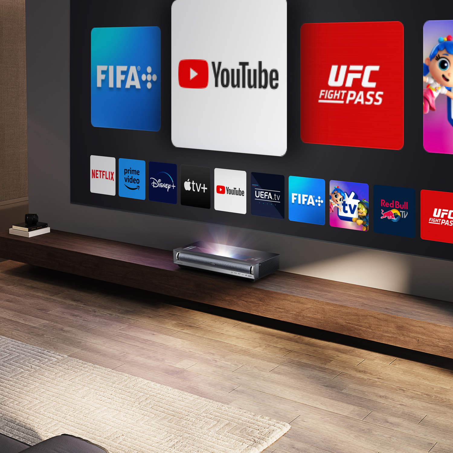 A projector projecting onto a wall with various app icons like Netflix, YouTube, and others.