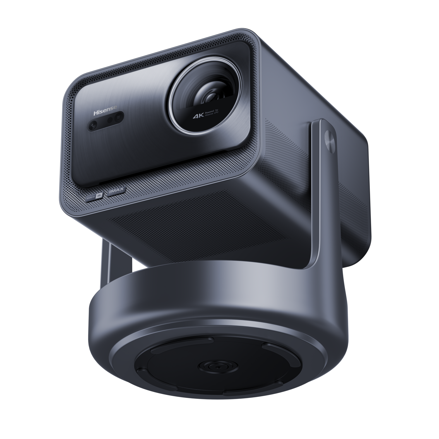 Zwarte en grijze projector met een ronde basis, schuine weergave.