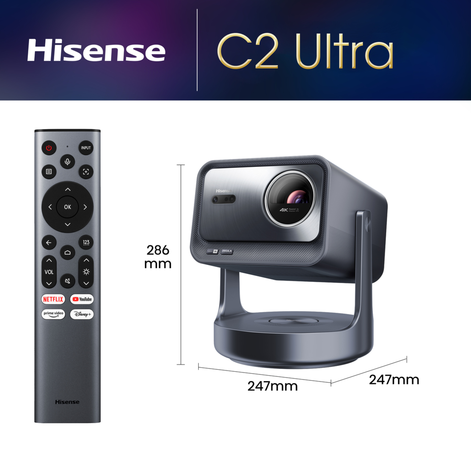 Hisense C2 Ultra projector en afstandsbediening. De projector is grijs, met afmetingslabels eromheen.