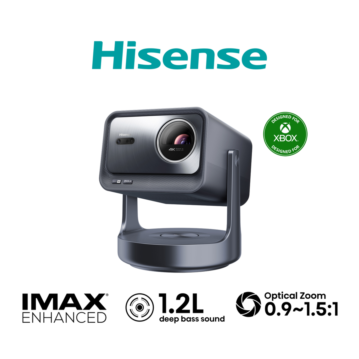 Een donkergrijze projector met Hisense-merk en tekst die functies zoals IMAX en Xbox aangeeft.