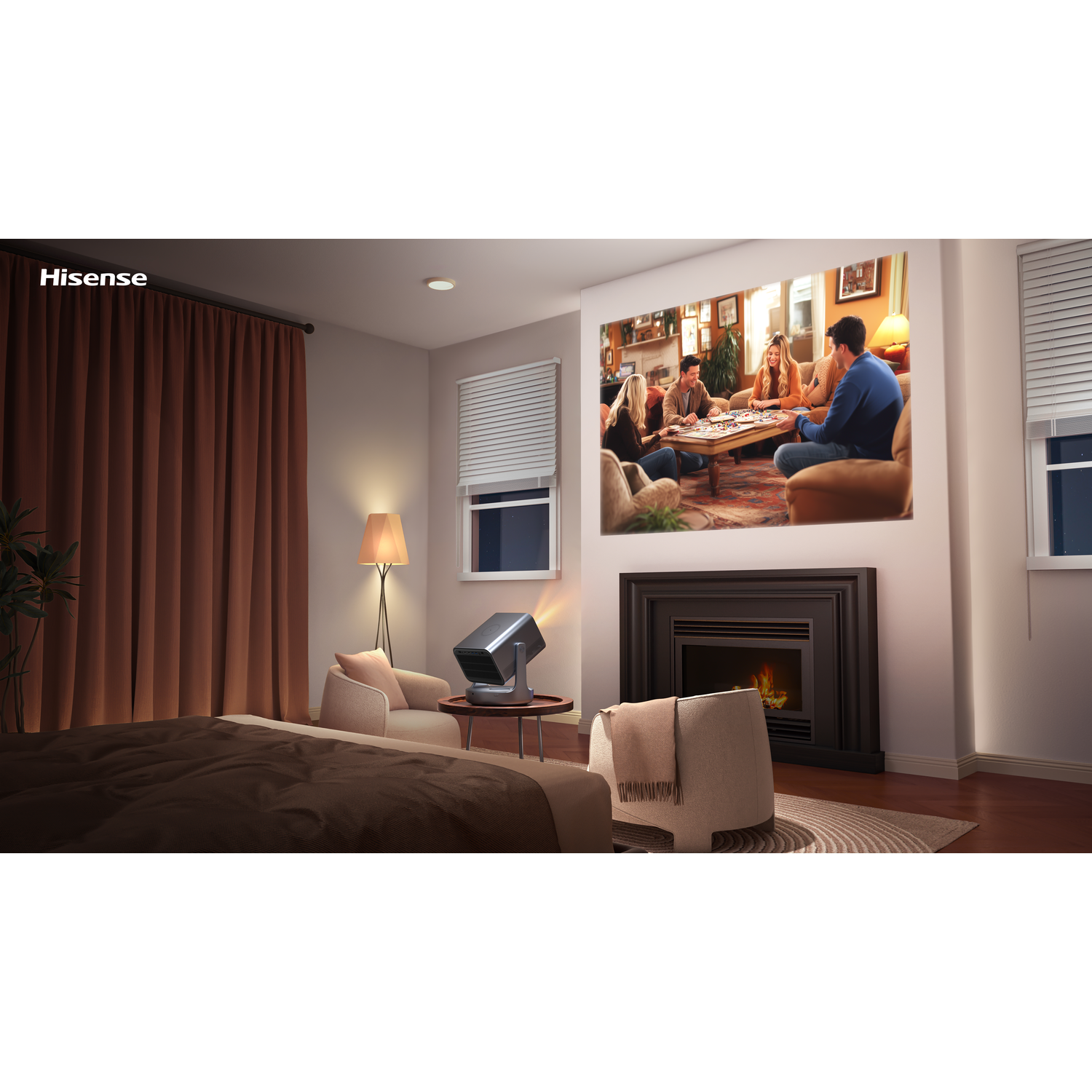 Een thuisbioscoopopstelling met een projector die een scène op een muur toont.