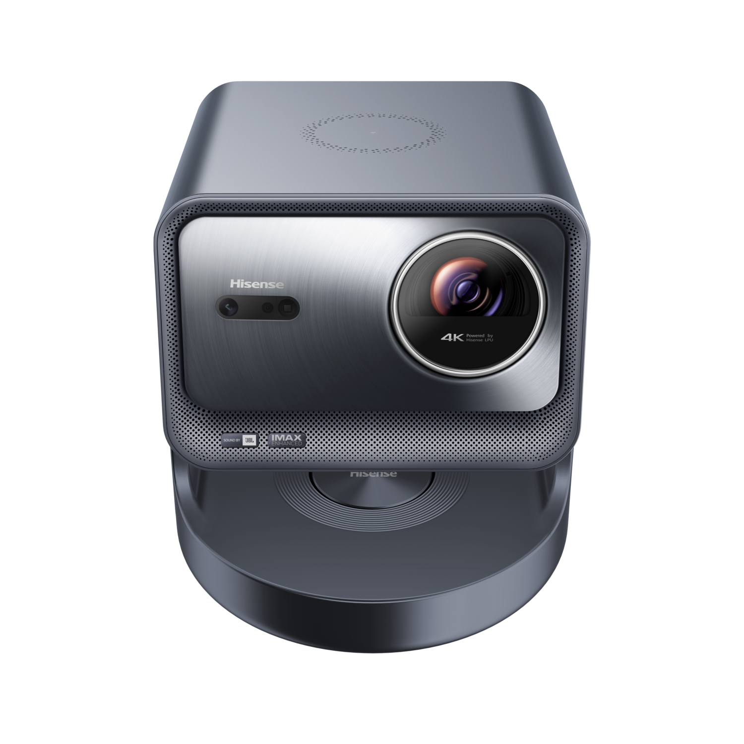 Dark metallic projector with a Hisense logo on a black surface.