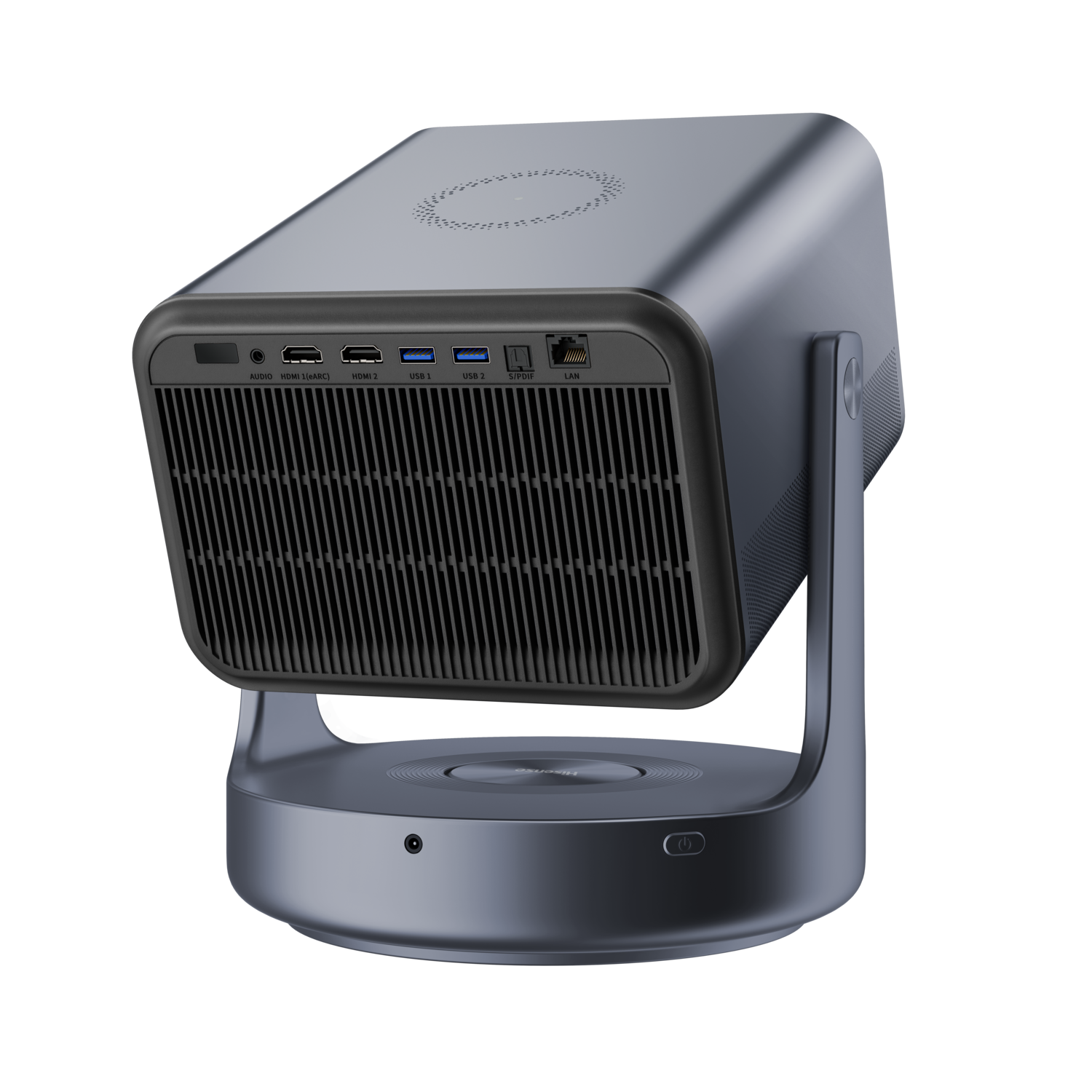A silver and black projector with a fan grille and ports. It is on a base.