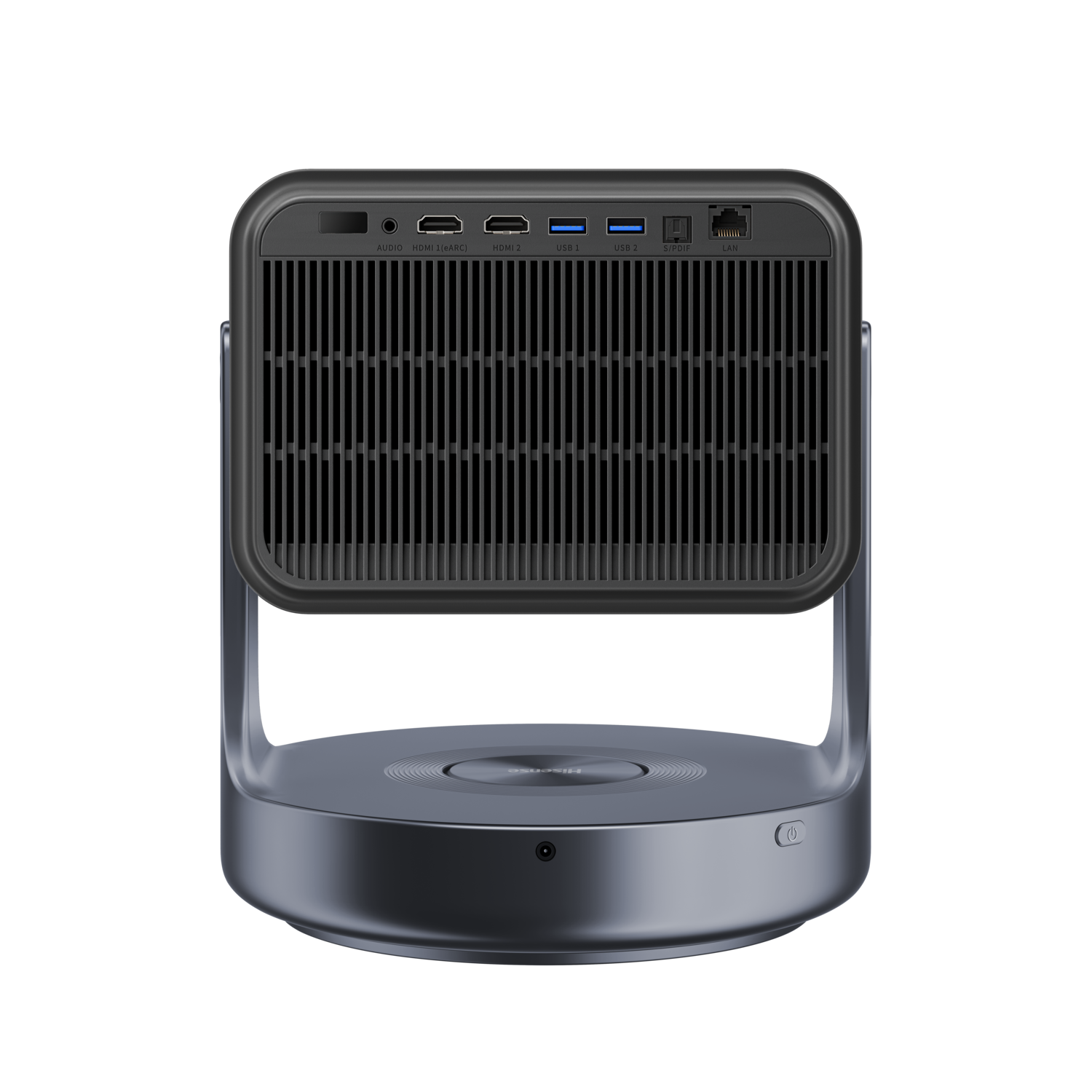 A dark grey projector with ports and a vent. It stands on a circular base.