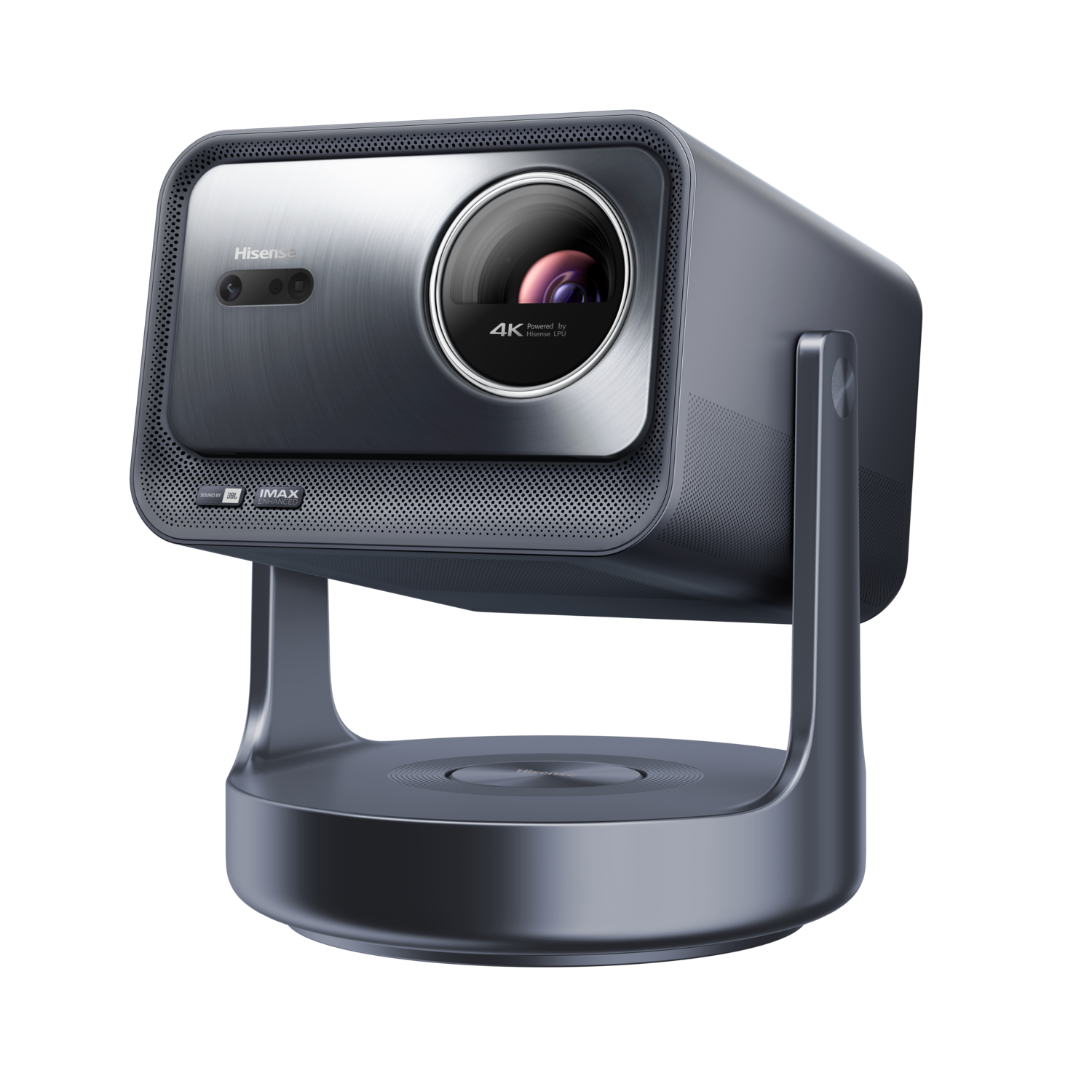 An angled view of a Hisense projector showing the lens and stand.