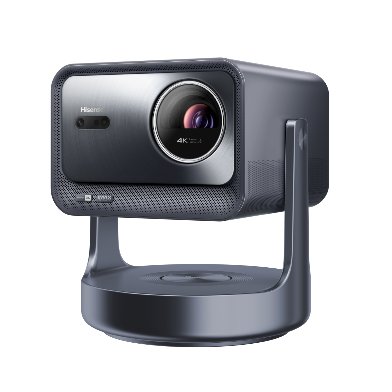 A dark grey, modern projector with a rounded design and a silver lens.