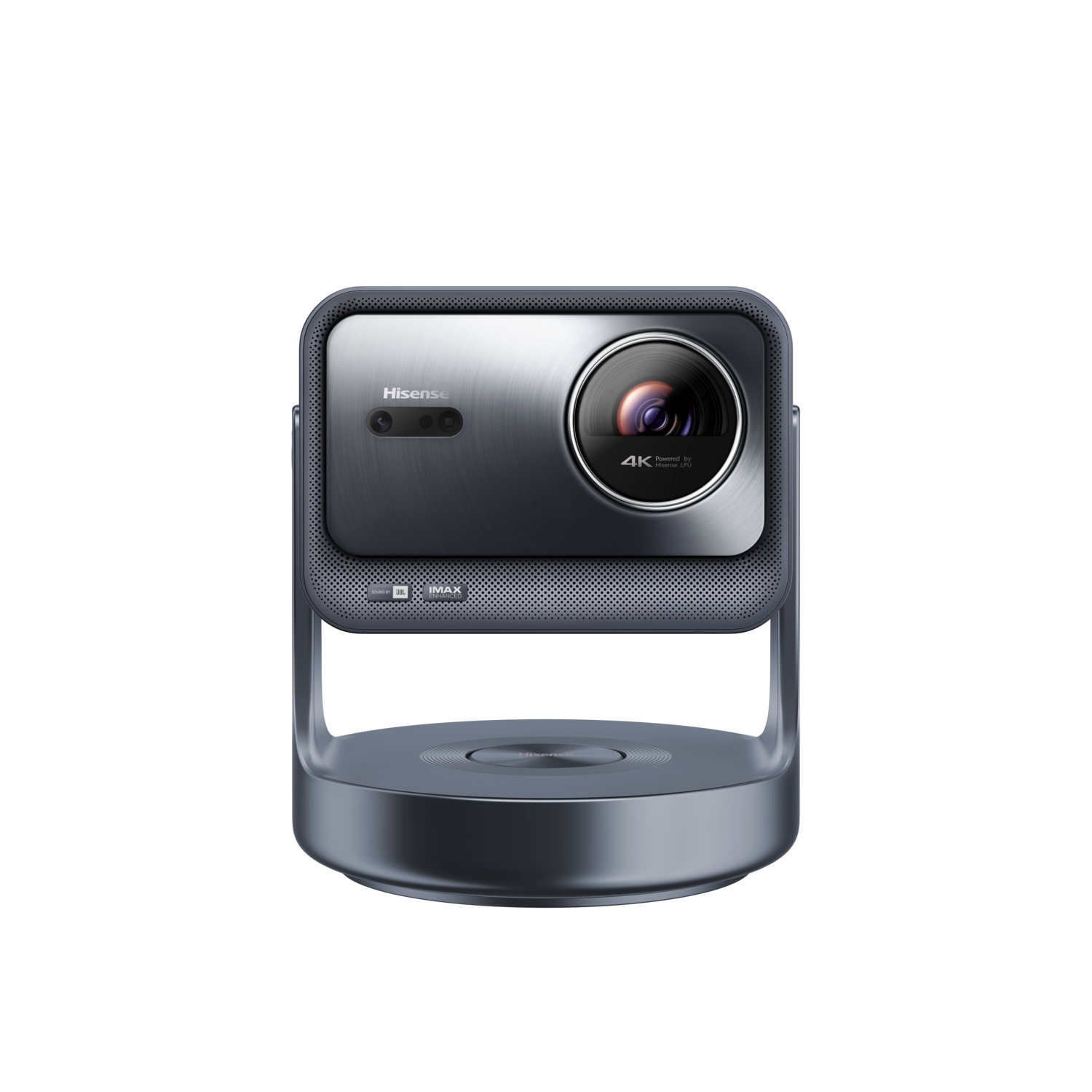 Small projector with a metallic finish. It has a round lens and a stand. Black background.