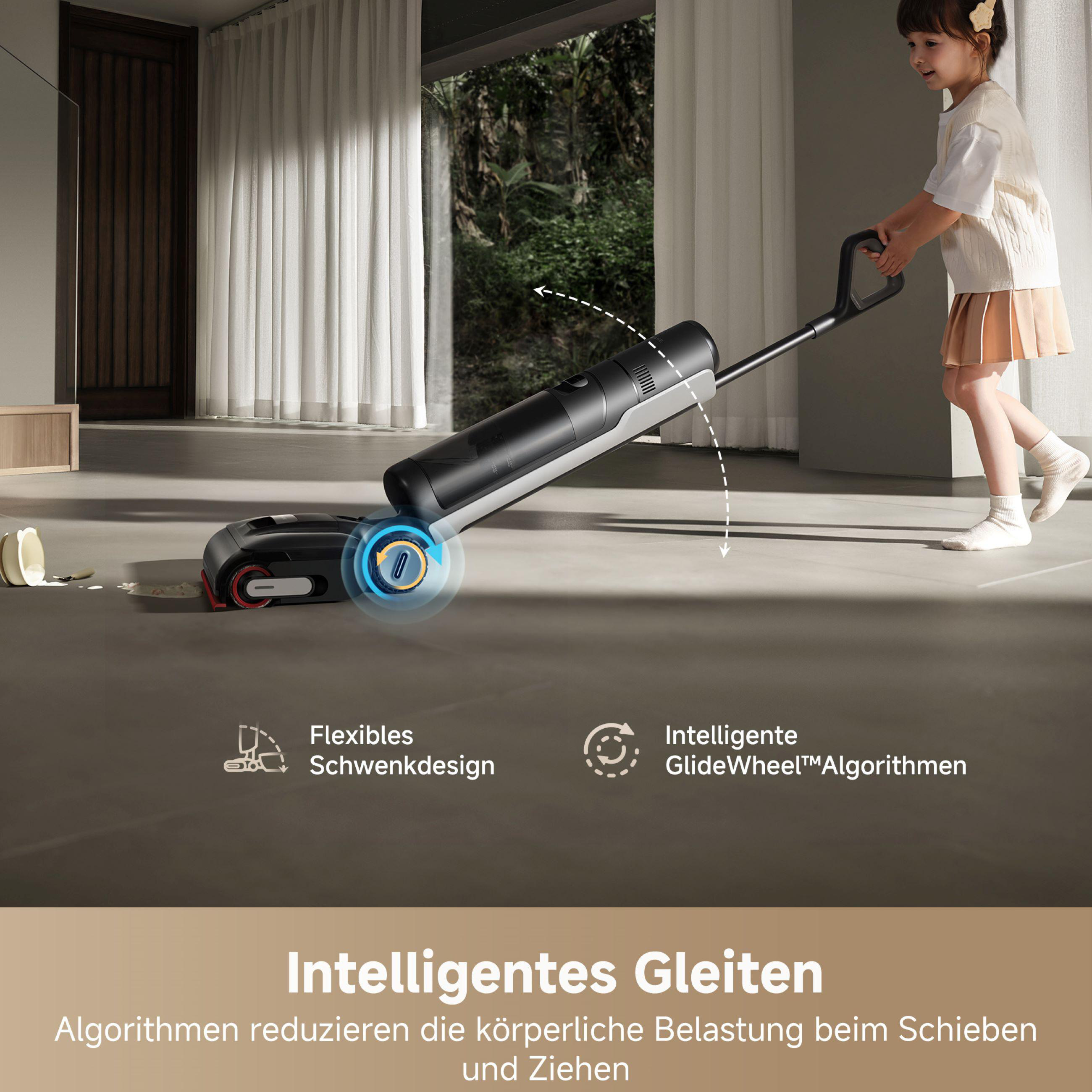 Roboter-Staubsauger auf dem Boden, mit Kind im Hintergrund, weißer Raum.