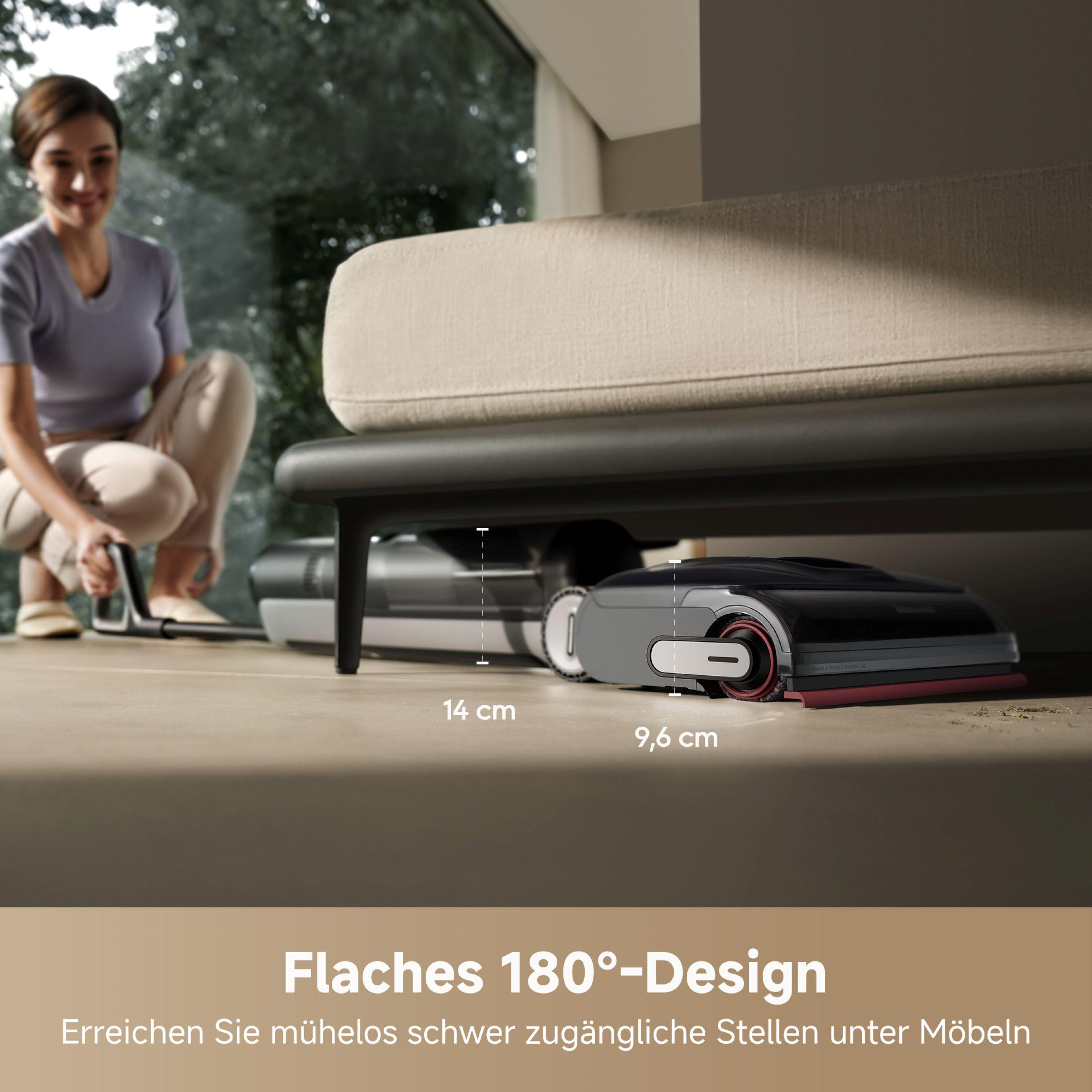 Frau und Roboter-Staubsauger. Staubsauger unter Sofa. Maße: 14cm, 9,6cm. Text: 'Flaches 180°-Design'.