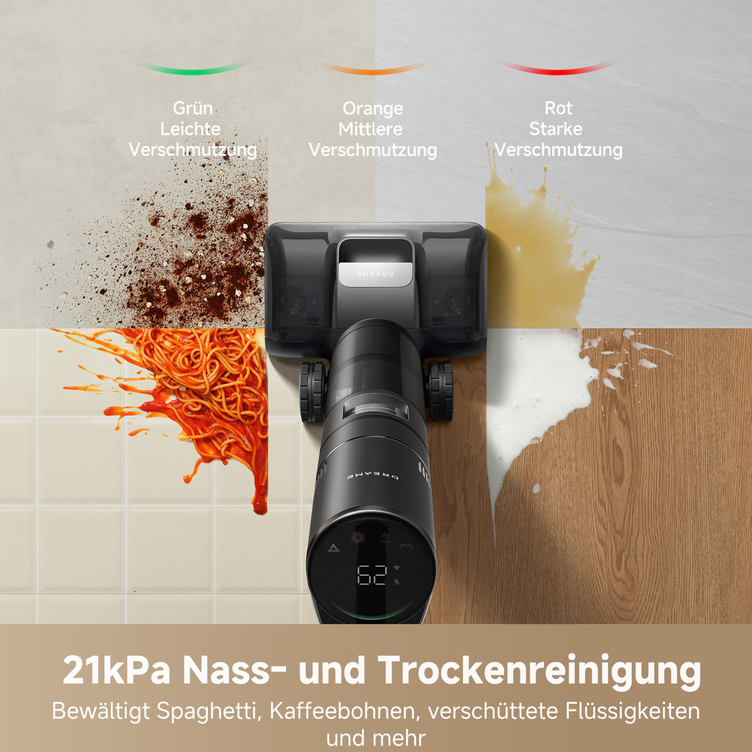 Staubsauger auf weißem Fliesenboden, verschiedene Flecken und Text zur Reinigungsleistung.