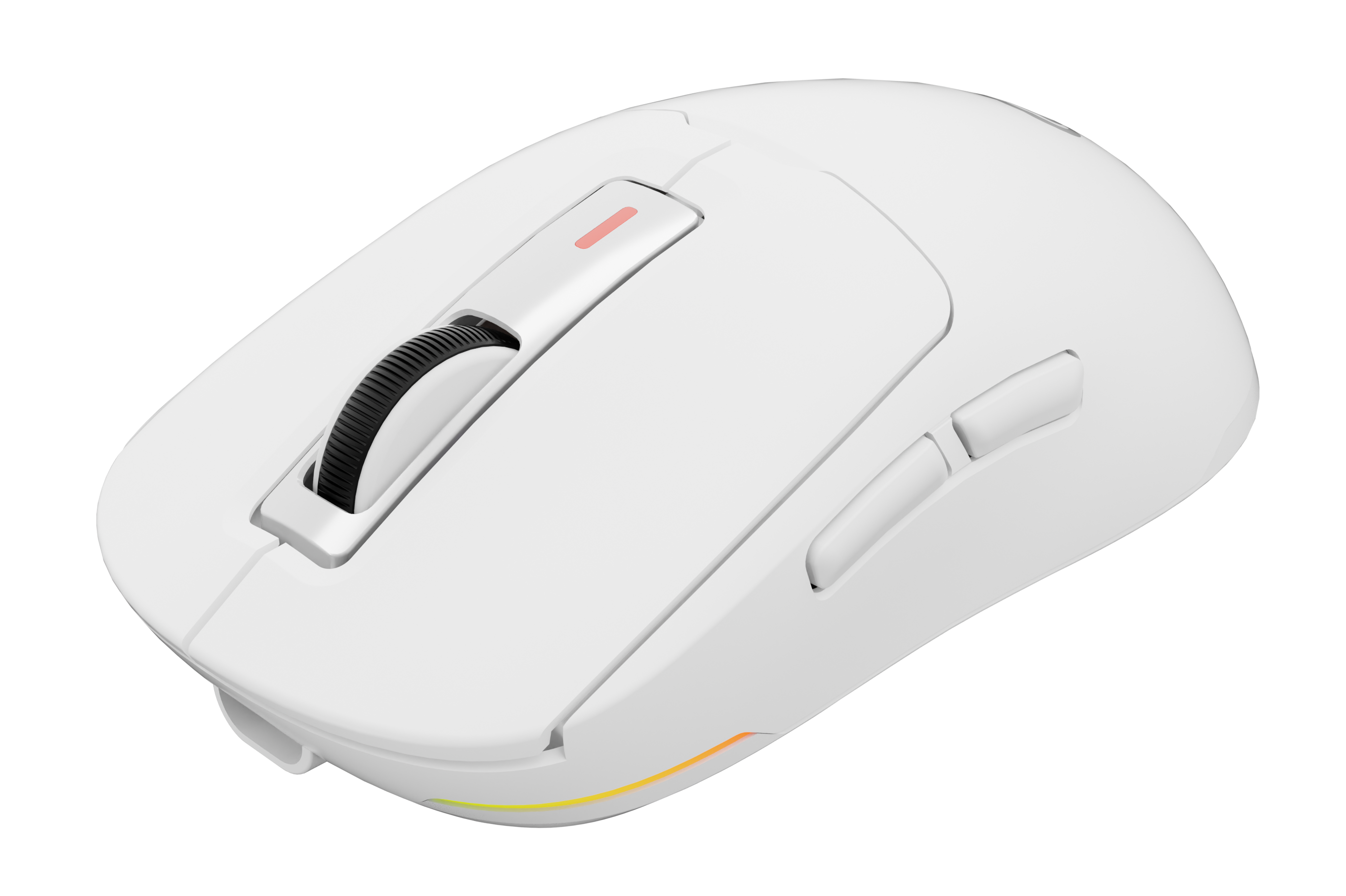 Biała mysz do gier z czarnym kółkiem przewijania i bocznymi przyciskami na czarnym tle.