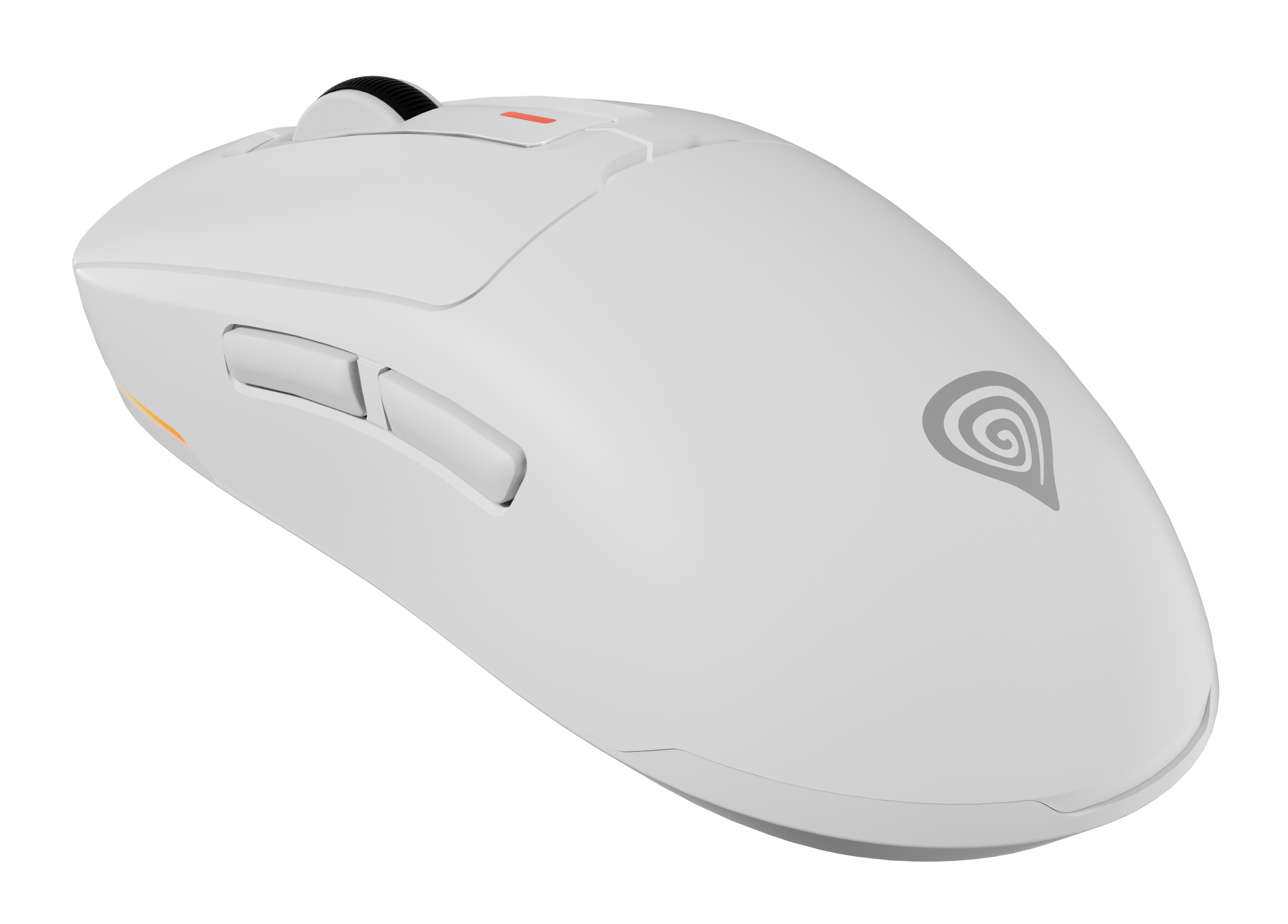 Biała mysz komputerowa z kółkiem przewijania. Widoczne jest logo Genesis.