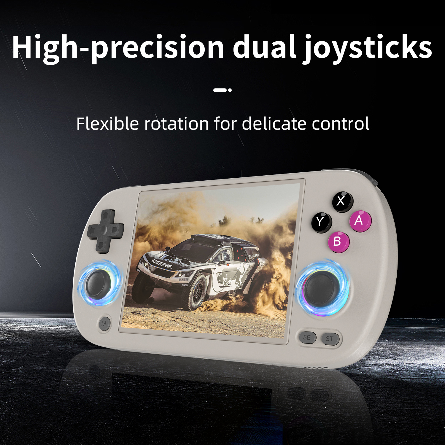 Dispositivo de juego con pantalla mostrando un coche de carreras, con joysticks y botones.