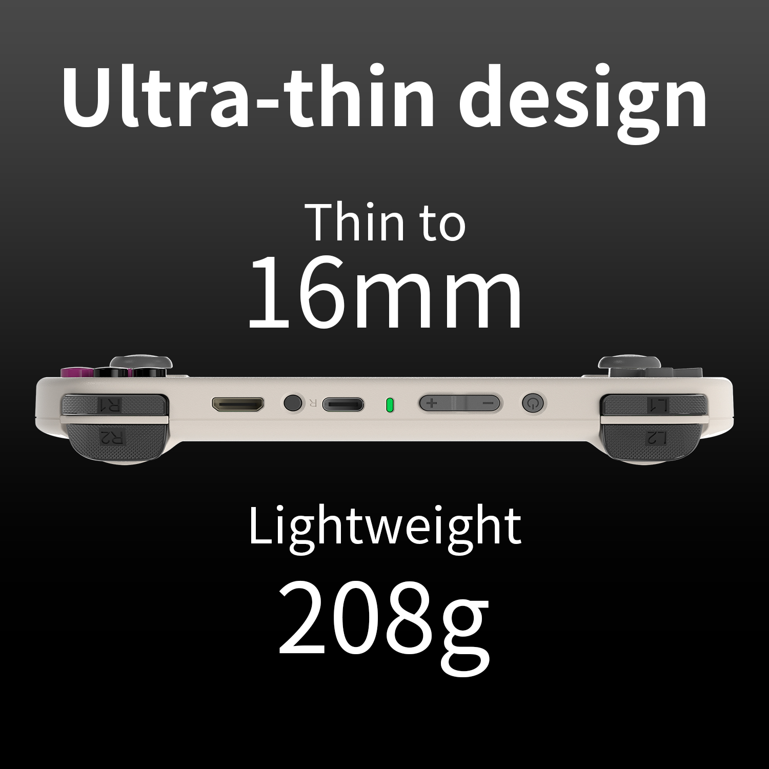 Un mando de juegos blanco con texto que indica un diseño ultradelgado y un peso de 208 g.