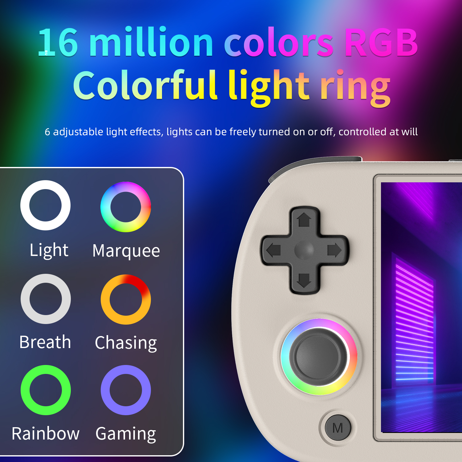 Un mando de juego con un anillo de luz colorido y opciones de luz mostradas.