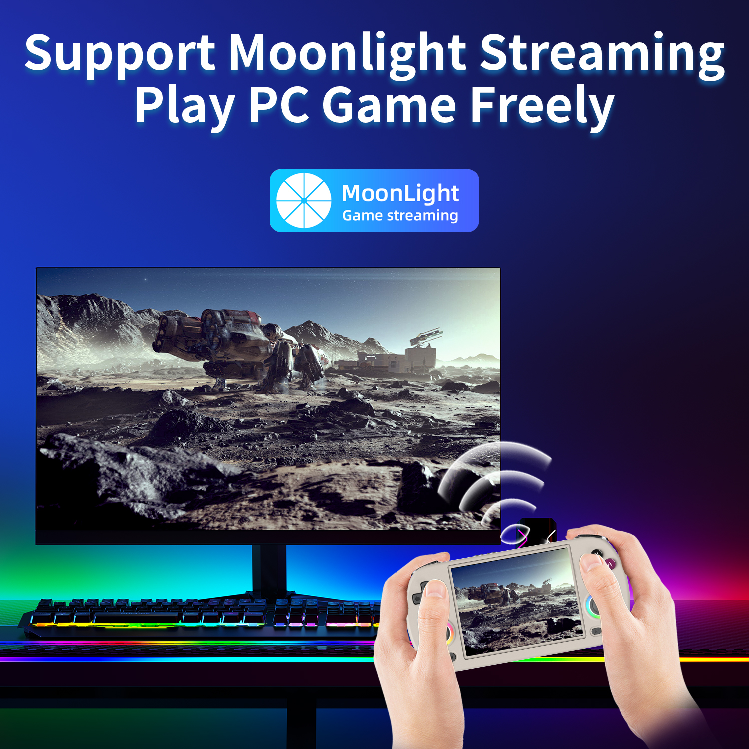 Persona sosteniendo un dispositivo de juego, pantalla mostrando el juego.