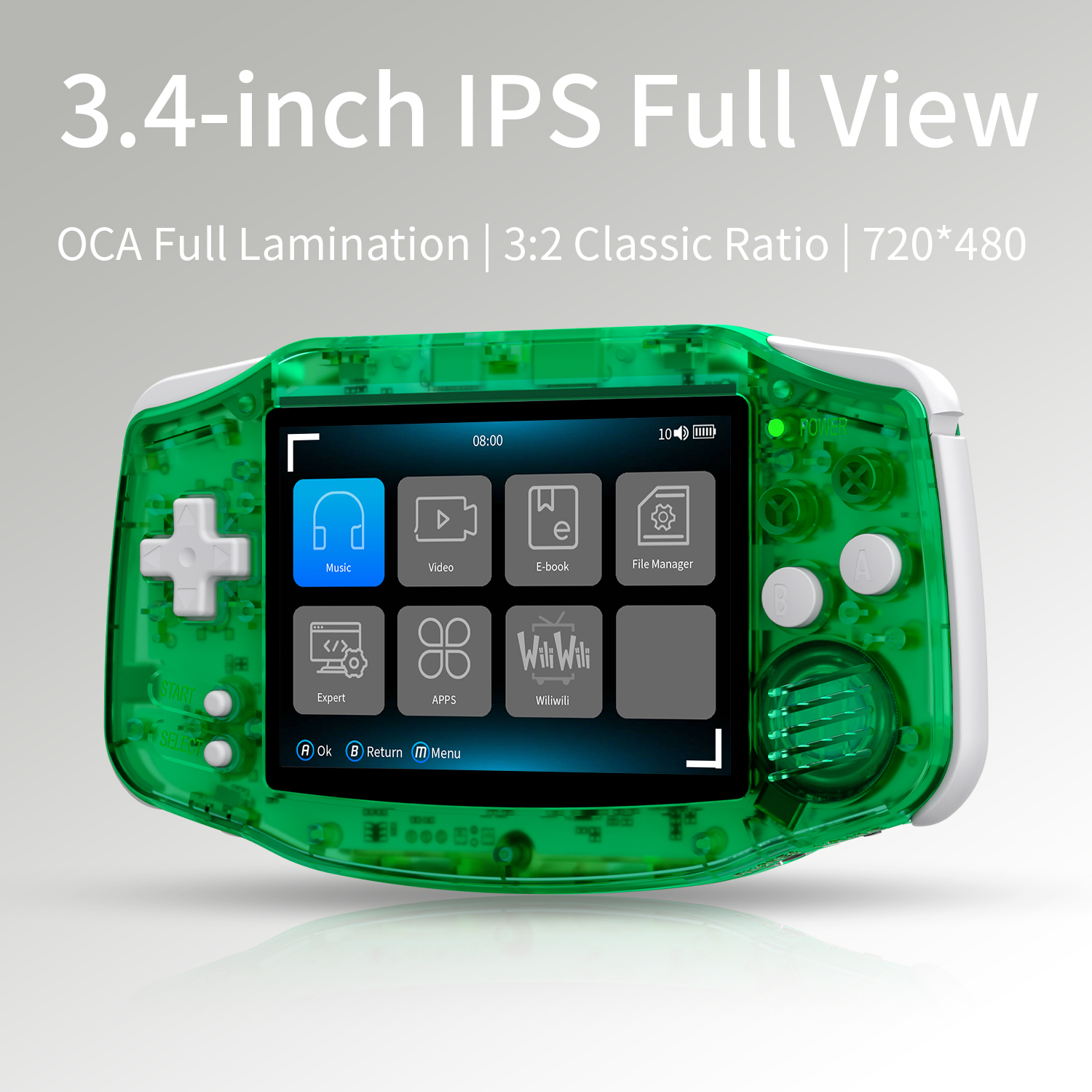 Consola de juegos portátil verde y blanca. Texto en la pantalla.