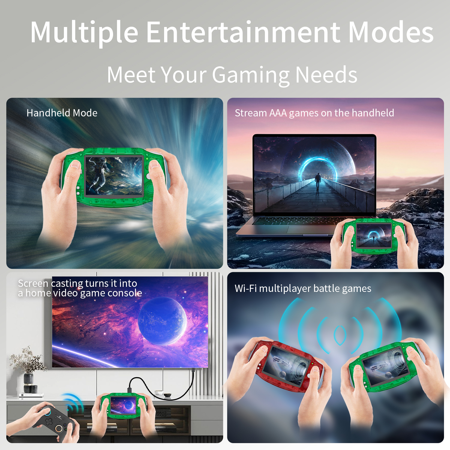 Múltiples escenarios de juego, incluyendo portátil, streaming y multijugador Wi-Fi, usando un dispositivo verde.