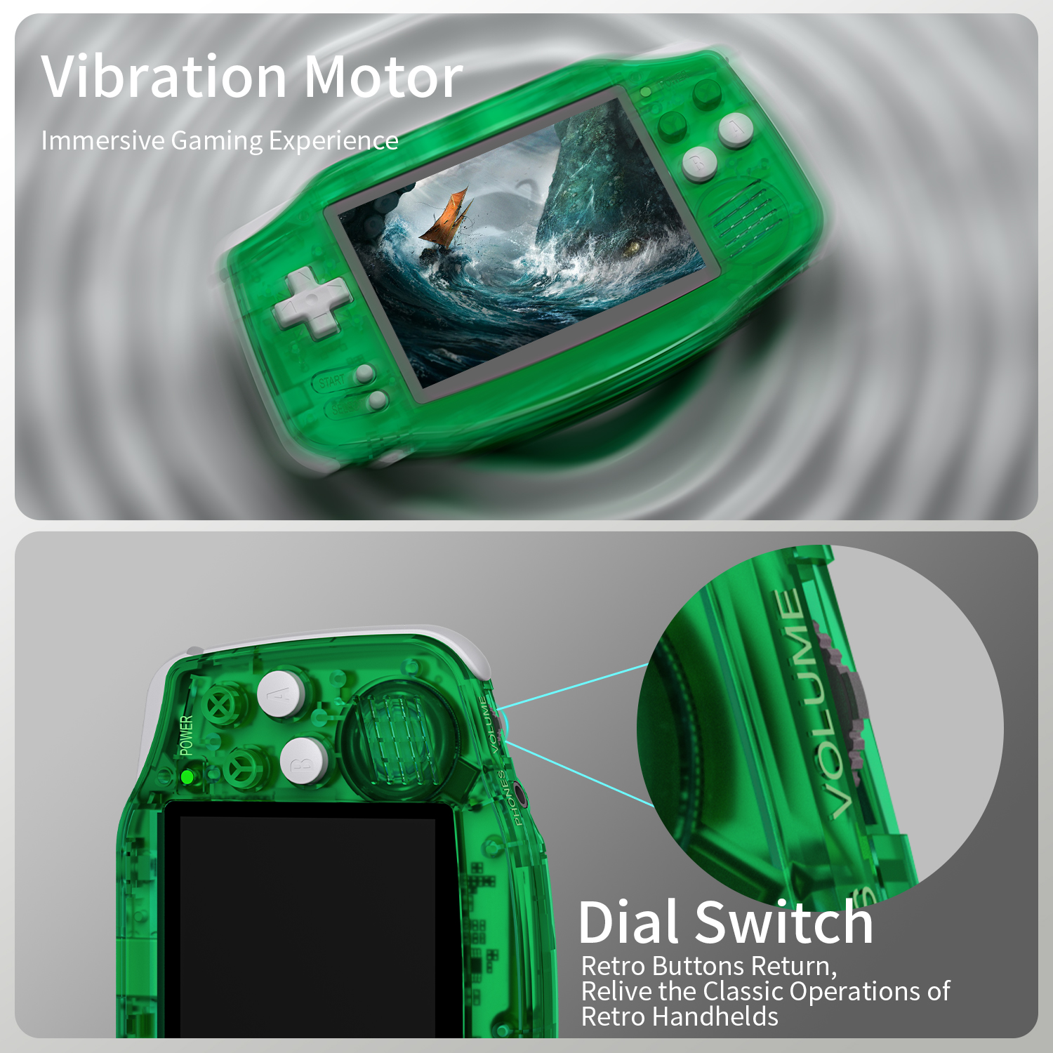 Consola de juegos portátil verde con pantalla y botones, con primeros planos de detalles.
