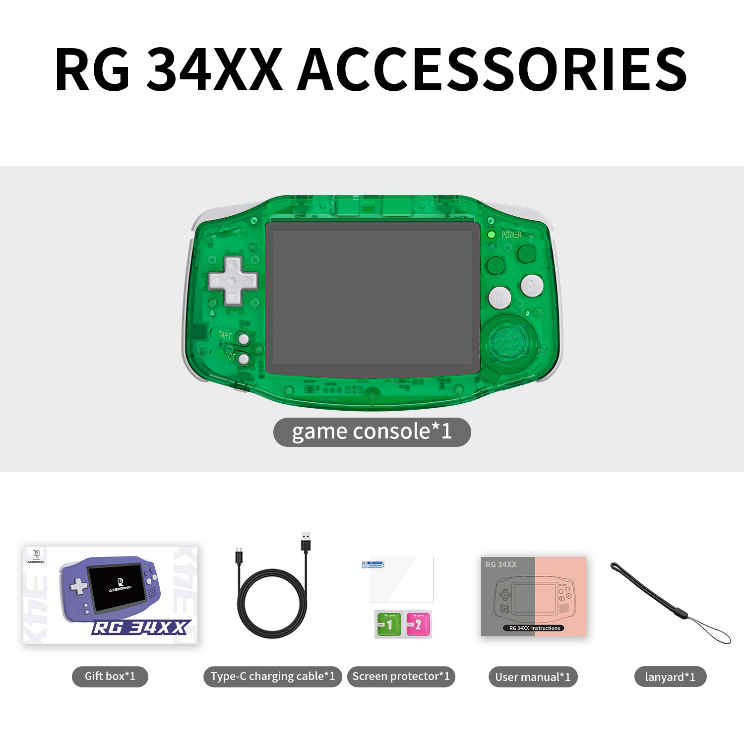 Una consola de juegos portátil verde con accesorios, incluido un cable de carga.