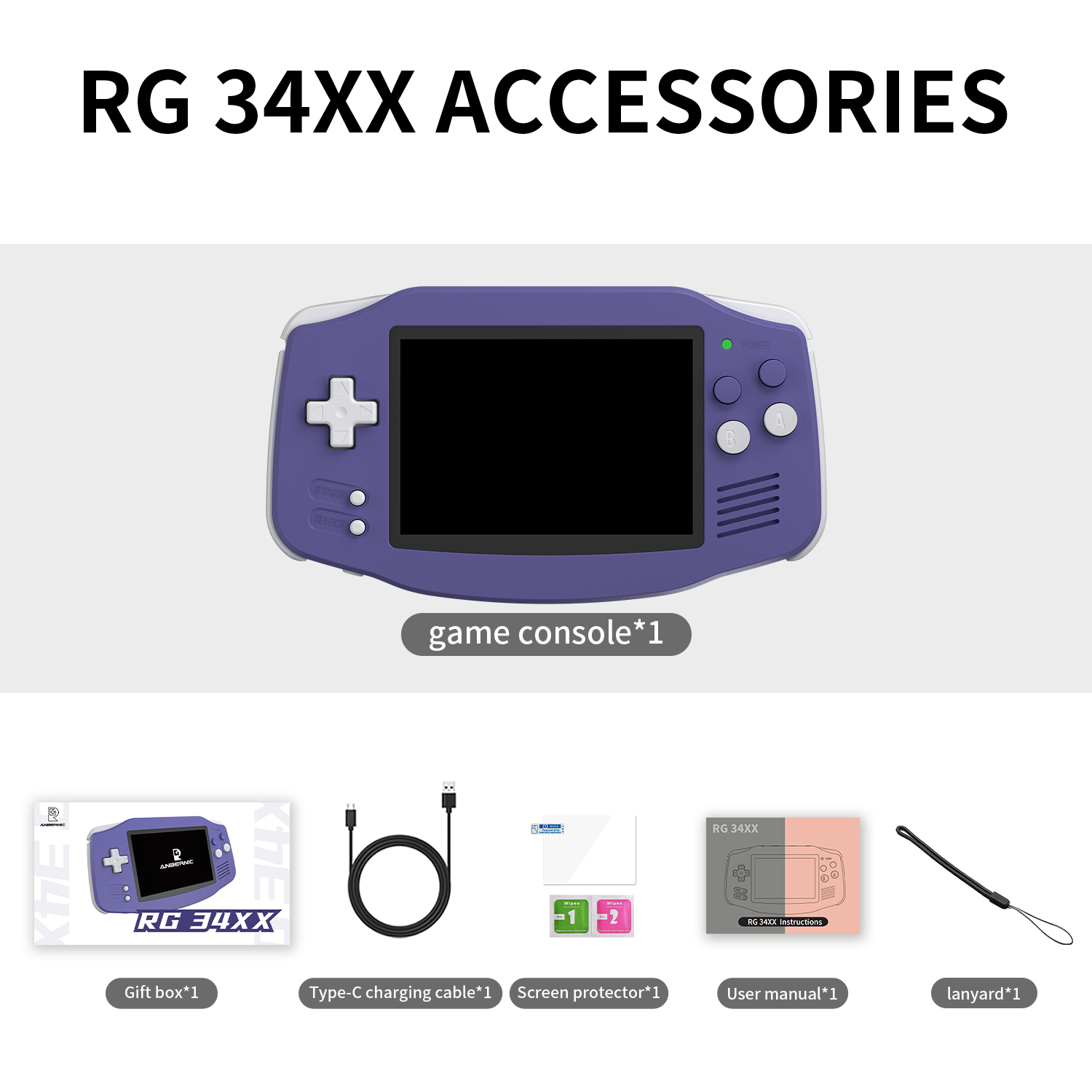 Una consola de juegos portátil morada con accesorios, incluyendo caja de regalo, cable y manual.