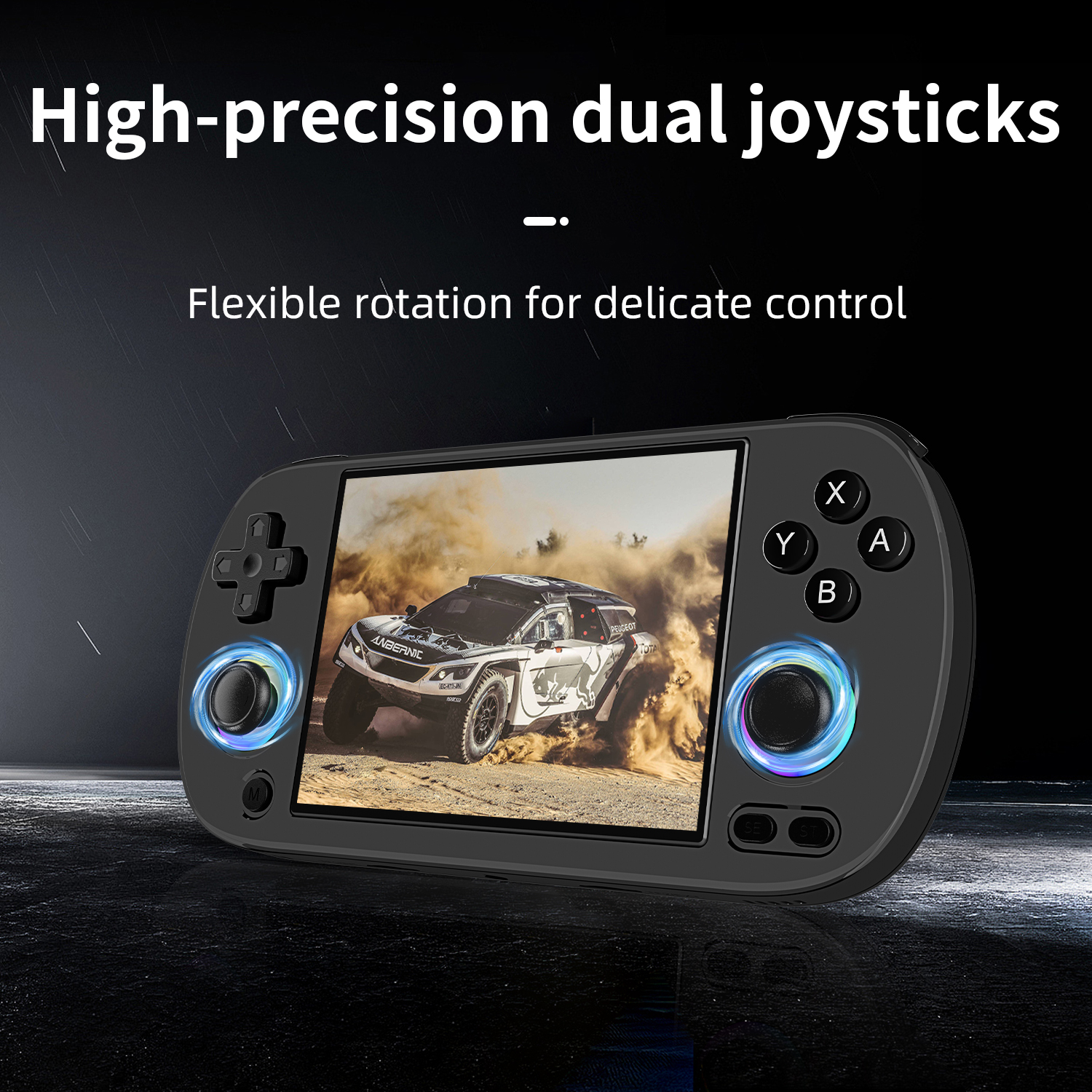 Una consola de juegos portátil negra con joysticks dobles y una pantalla que muestra un coche de rally en acción.