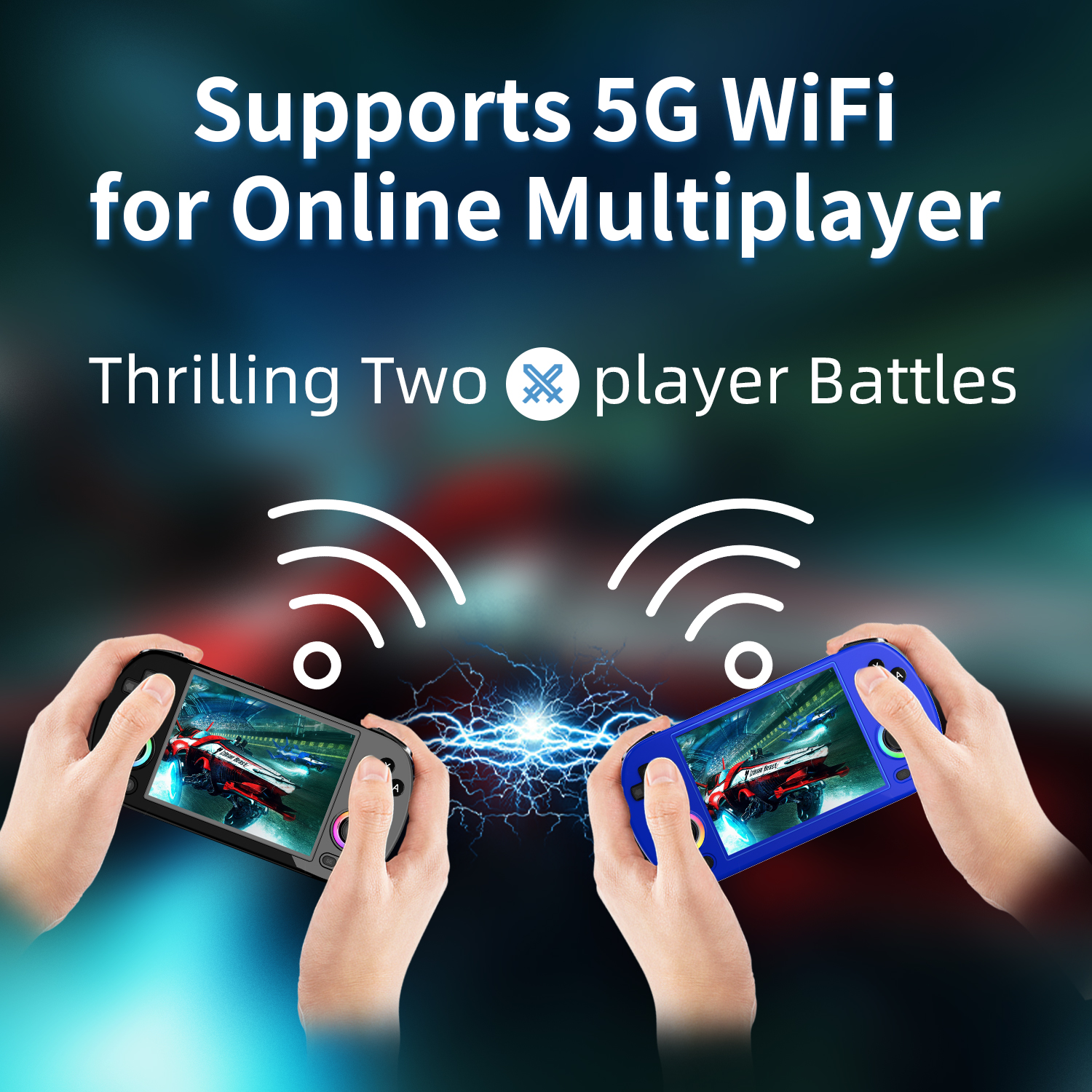 Dos manos sosteniendo mandos de juego. WiFi 5G para multijugador en línea. Juego de carreras.