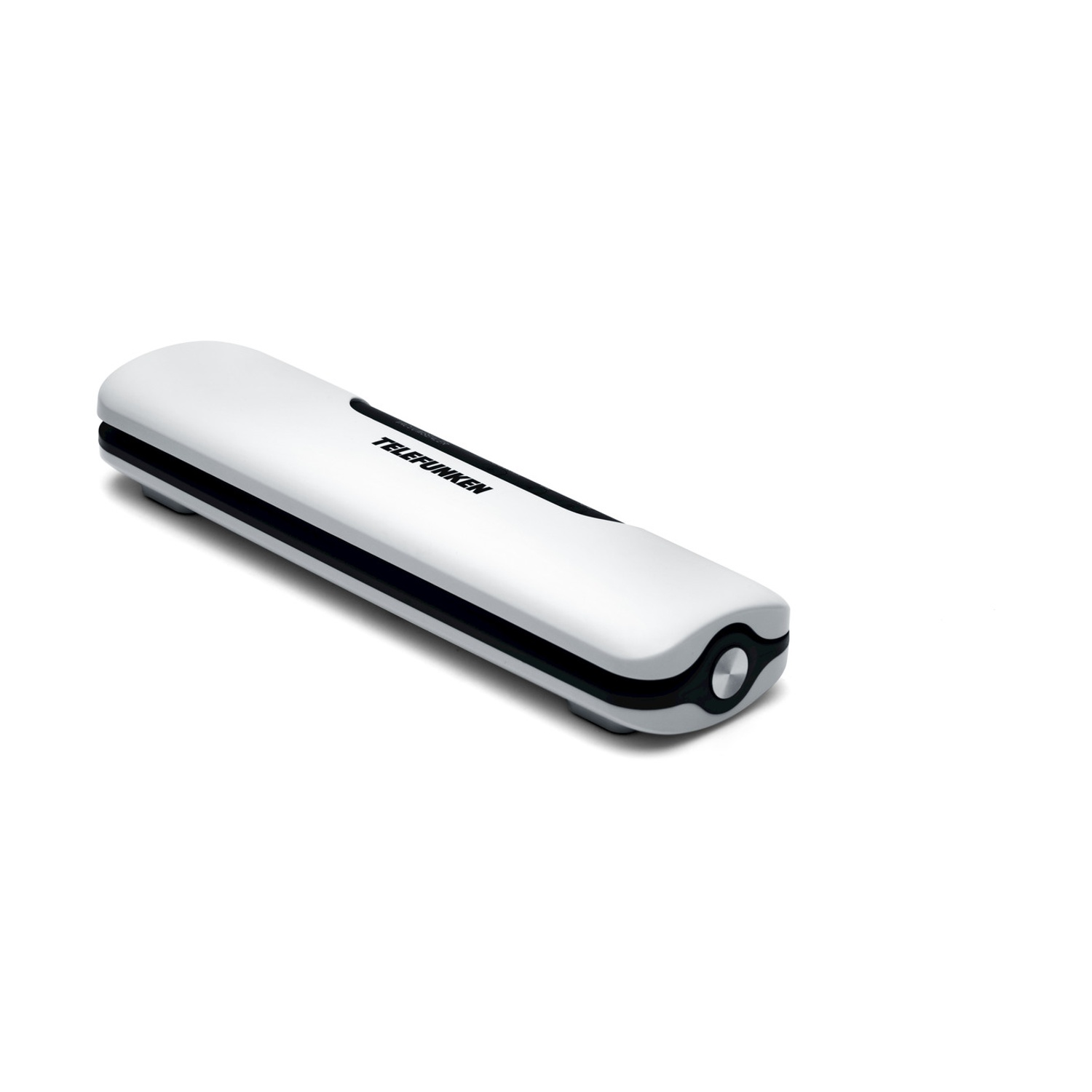 Telefono portatile bianco e nero. La parola Telefunken è visibile.