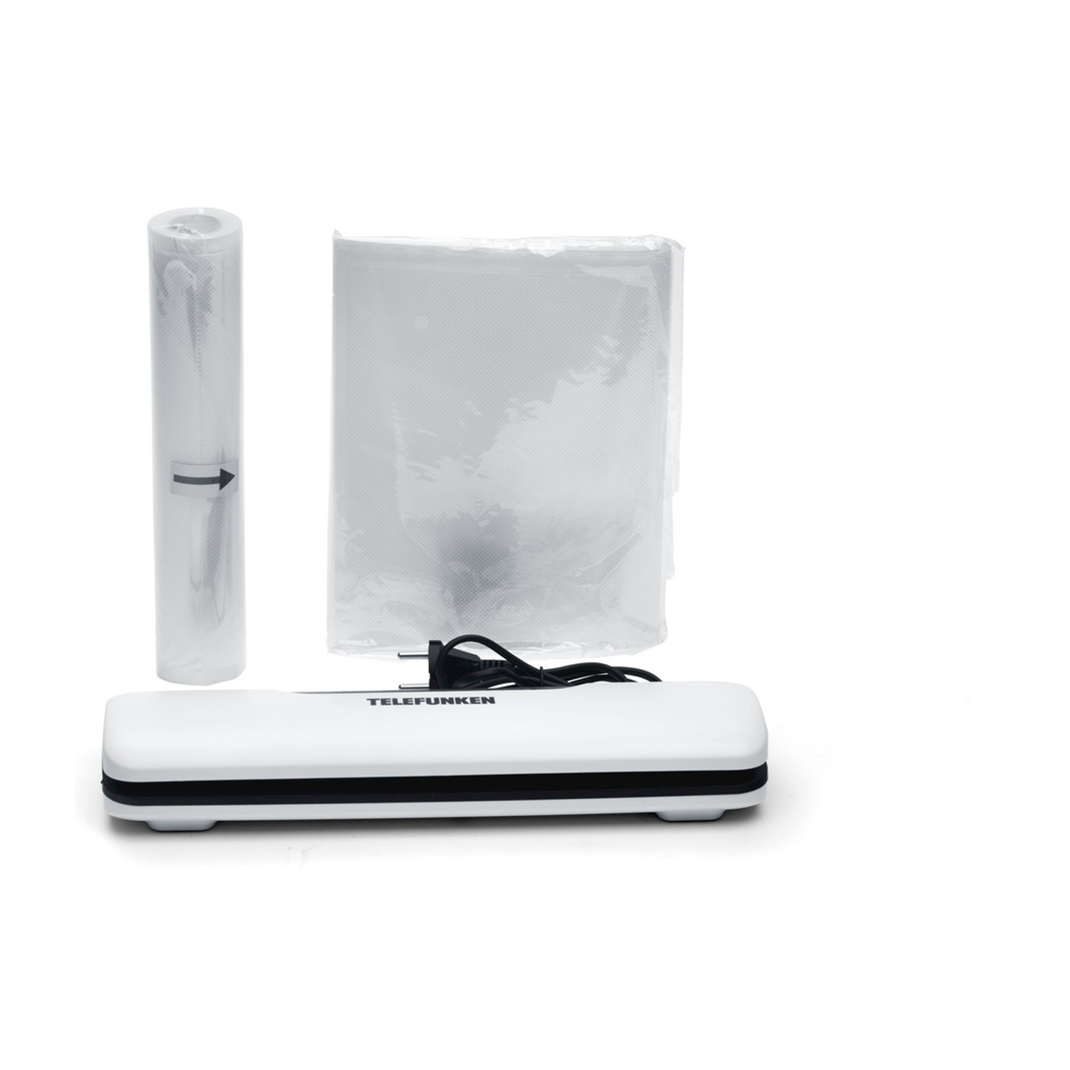 Kit sigillatrice sottovuoto. Include un rotolo di plastica, una pila di sacchetti e una sigillatrice a marchio Telefunken.