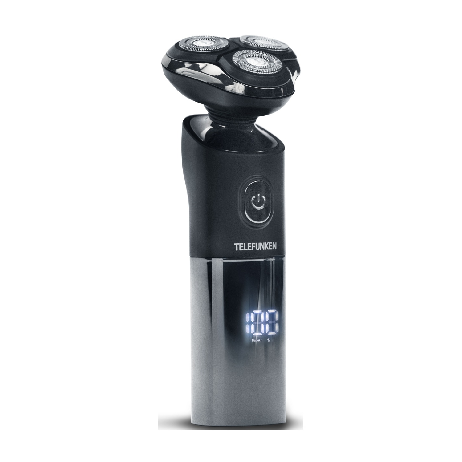Un rasoio elettrico nero e argento con tre testine rotanti e un display digitale della percentuale di batteria.