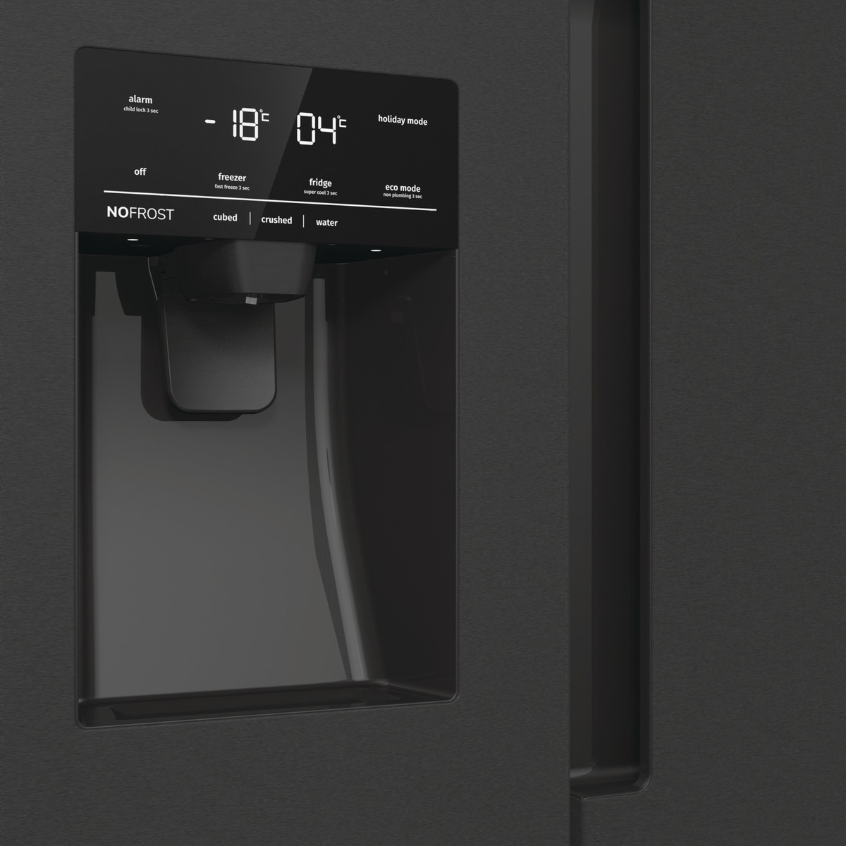 Ein schwarzer Kühlschrank mit digitaler Anzeige für Einstellungen und einem Wasserspender.