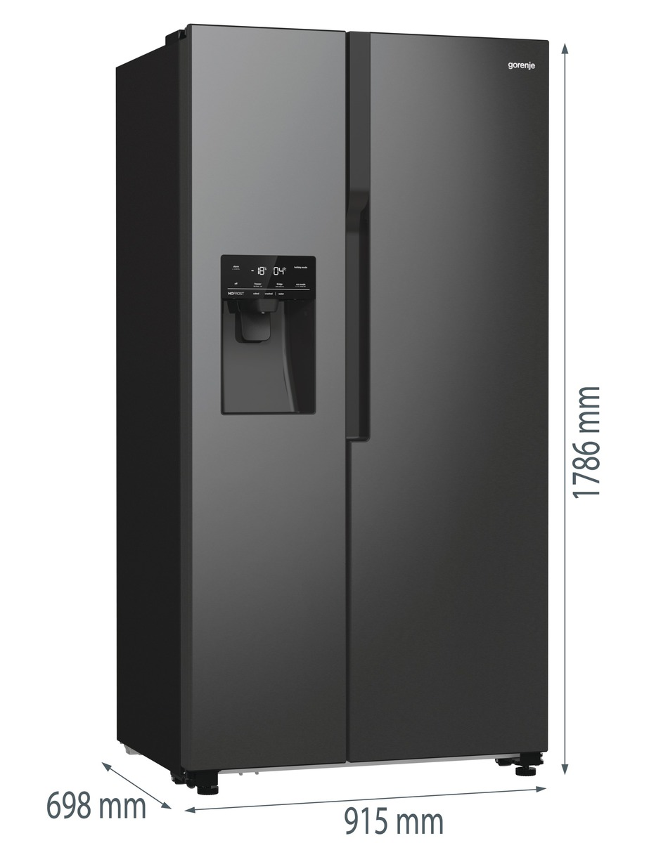 Ein schwarzer Gorenje-Kühlschrank mit angezeigten Abmessungen, zwei Türen und einem Wasserspender.