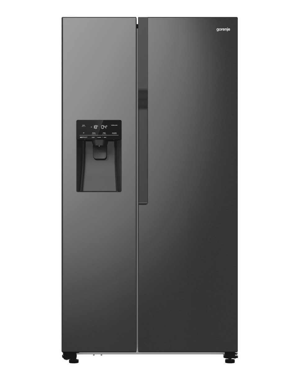 Schwarzer Gorenje-Kühlschrank mit zwei Türen und Wasserspender.