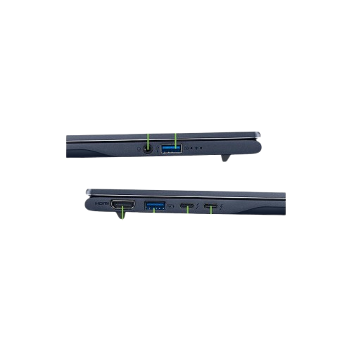 Dos lados de portátil, mostrando puertos. Se ven puertos HDMI, USB y de alimentación.