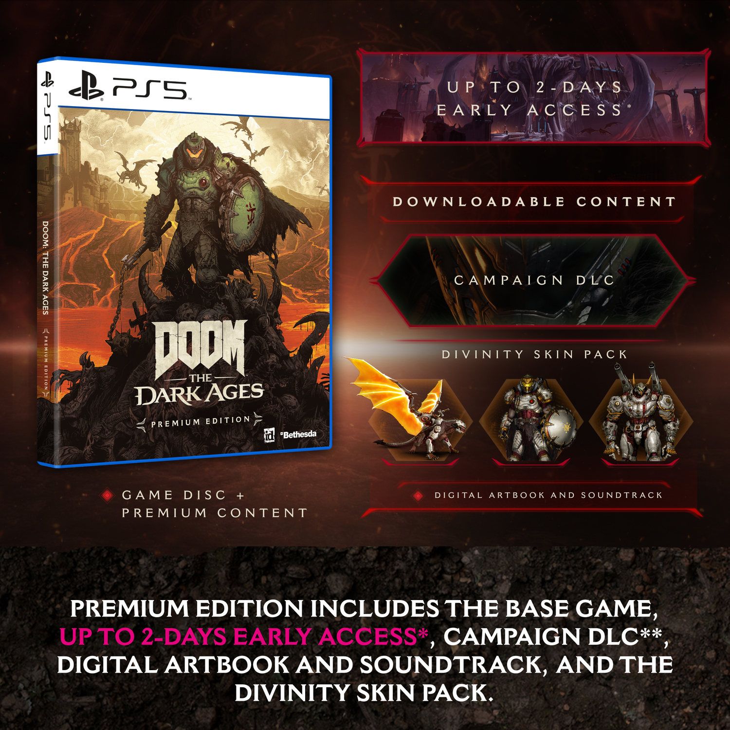 PS5 gamebox: Doom: The Dark Ages, met game disc, DLC en Divinity skin pack.