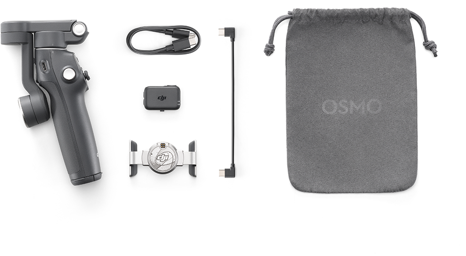 DJI Osmo Mobile 6 és tartozékok. Fogantyú, töltő és hordtáska.