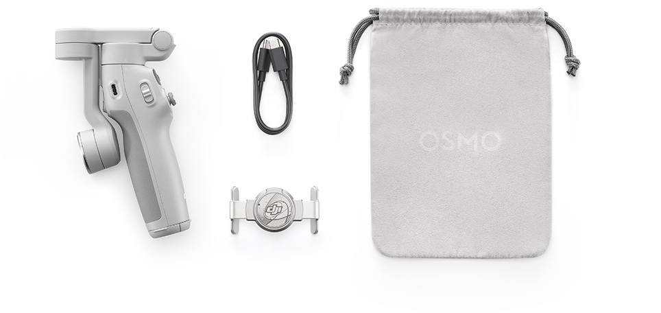 DJI Osmo Mobile gimbal, tartozékok és tasak fehér alapon. Felülnézet.
