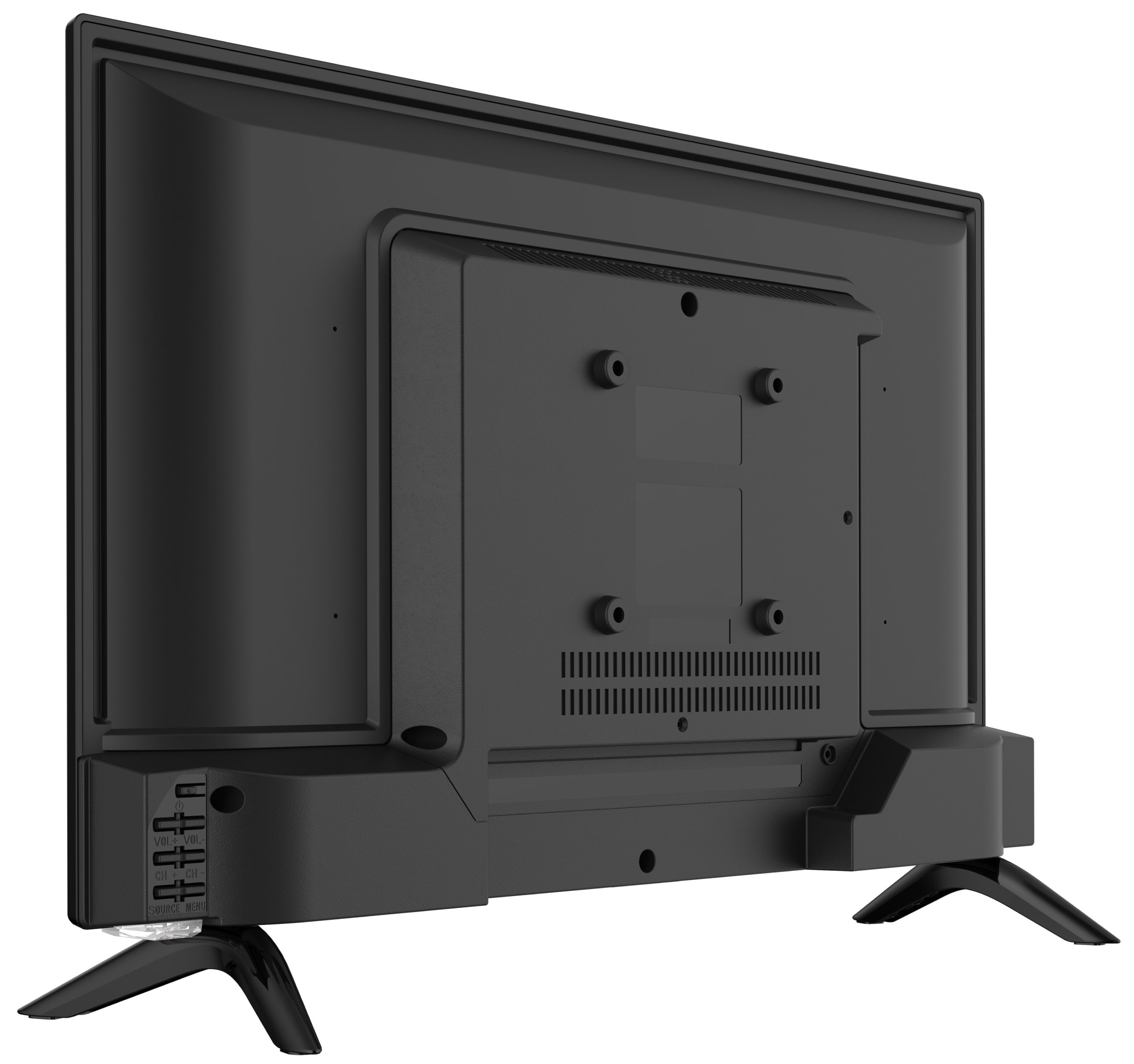 Widok z tyłu czarnego telewizora z portami i podstawą. Ekran jest pusty.