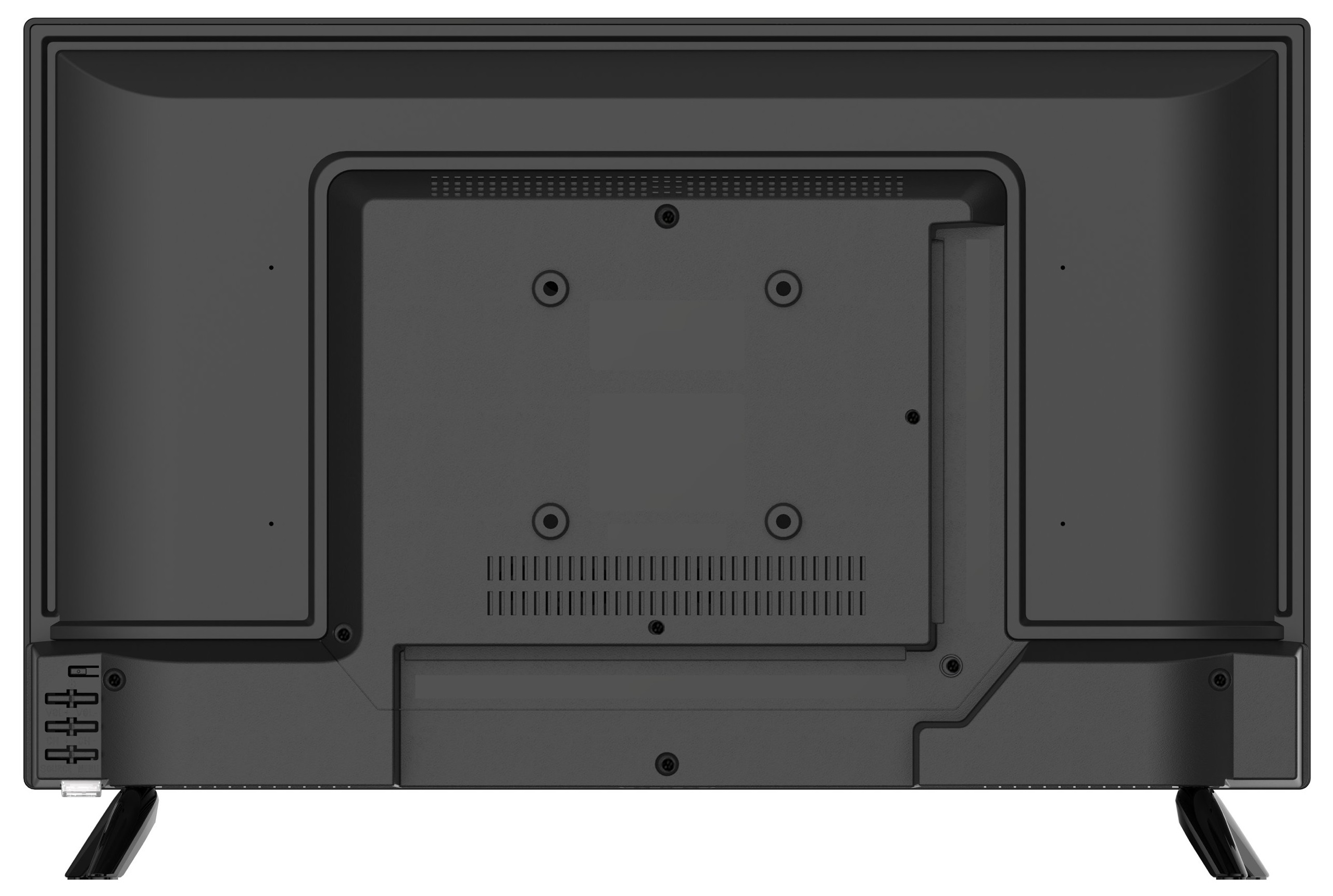 Tył czarnego telewizora z uchwytem i różnymi portami połączeniowymi.