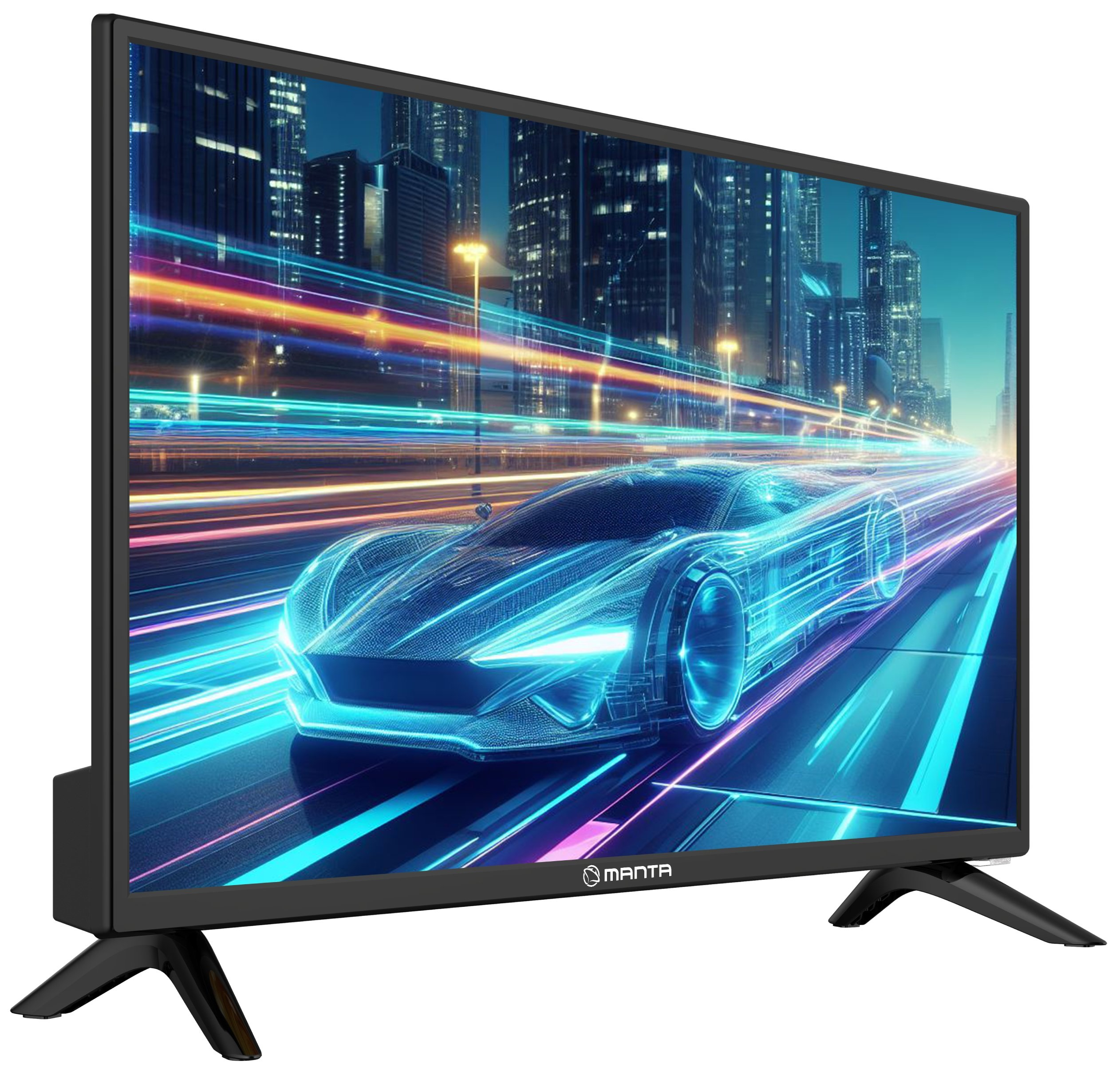 Ekran telewizora wyświetlający futurystyczny samochód jadący nocą przez miasto.