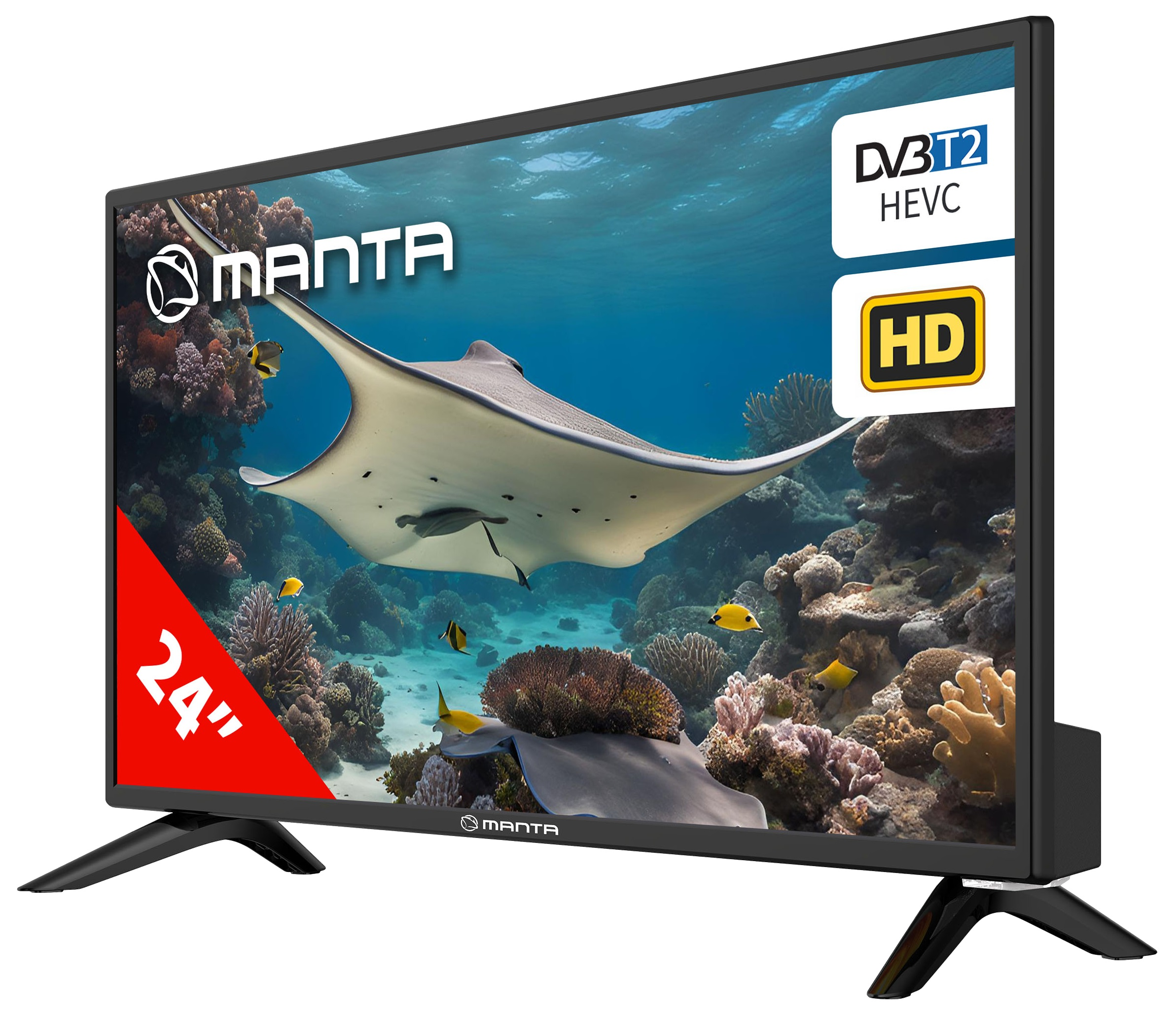 24-calowy telewizor Manta z płaszczką pod wodą. Etykiety HD i DVB-T2 HEVC. Czarna ramka.