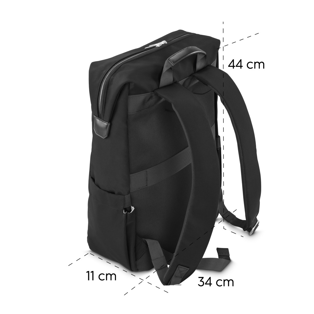 Schwarzer Rucksack mit Abmessungen, Seitenansicht mit Griff und Trägern.