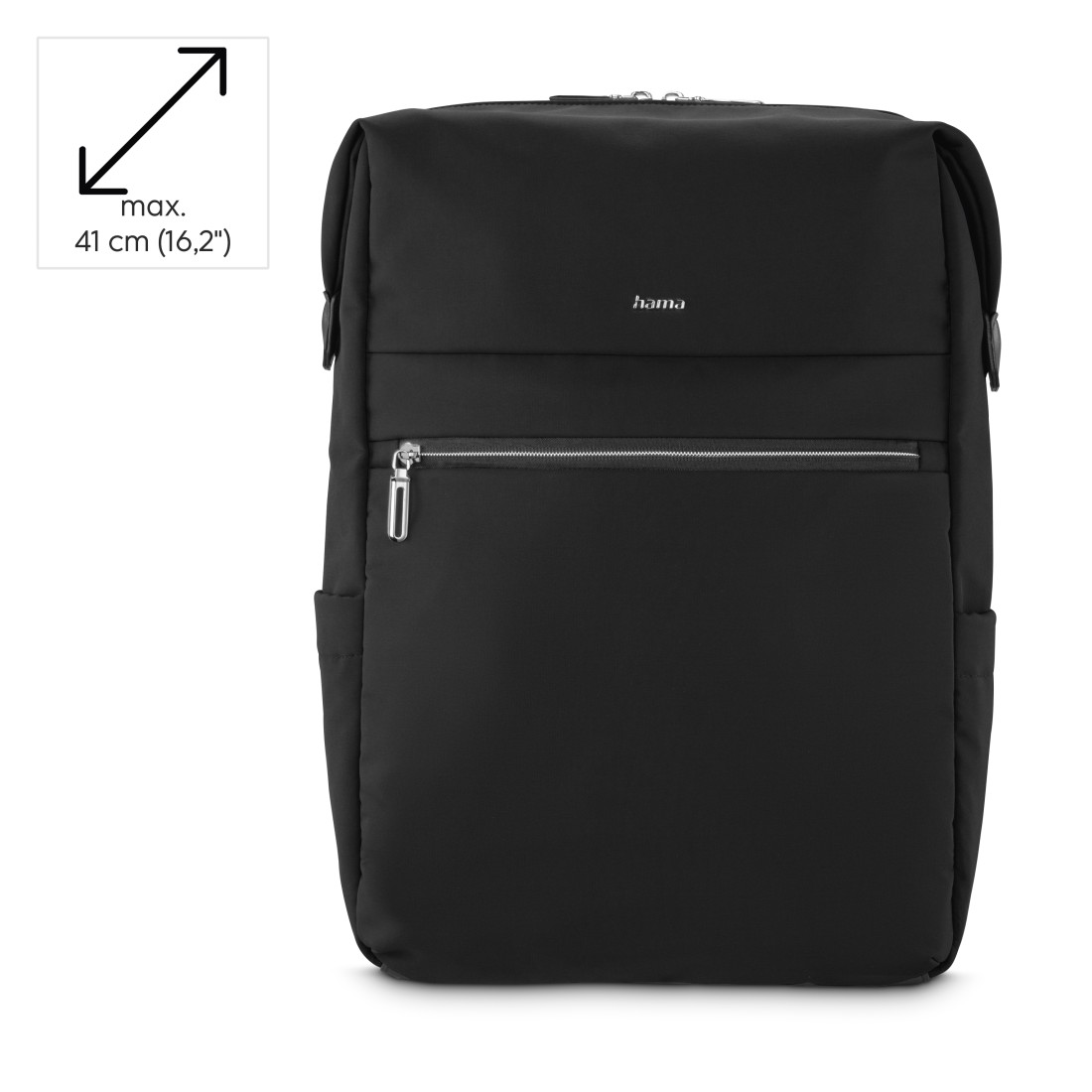 Ein schwarzer Rucksack mit weißem 'hama'-Logo. Er hat ein großes Hauptfach und eine Vordertasche.
