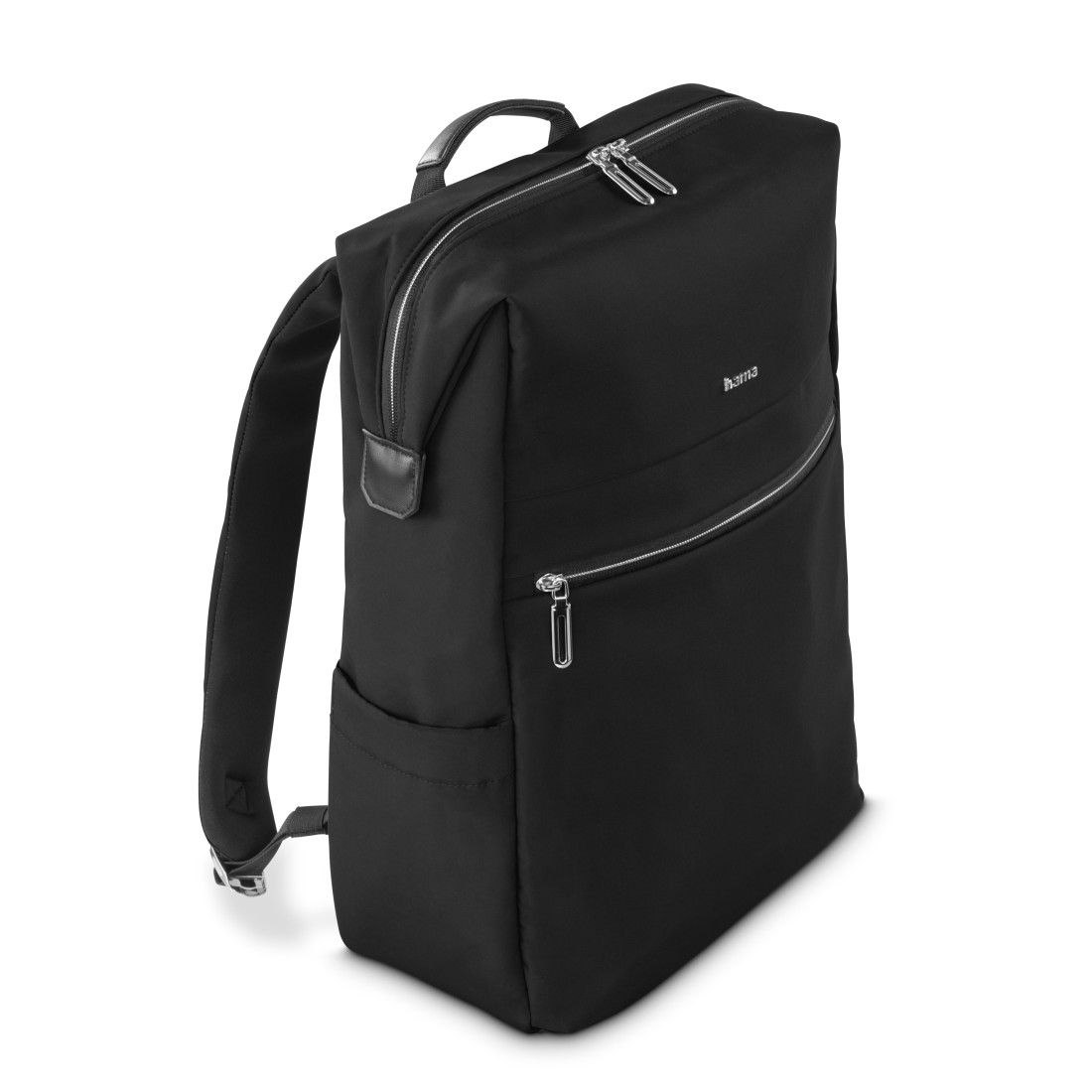 Schwarzer Rucksack mit silbernen Reißverschlüssen und dem Markennamen 'hama'.