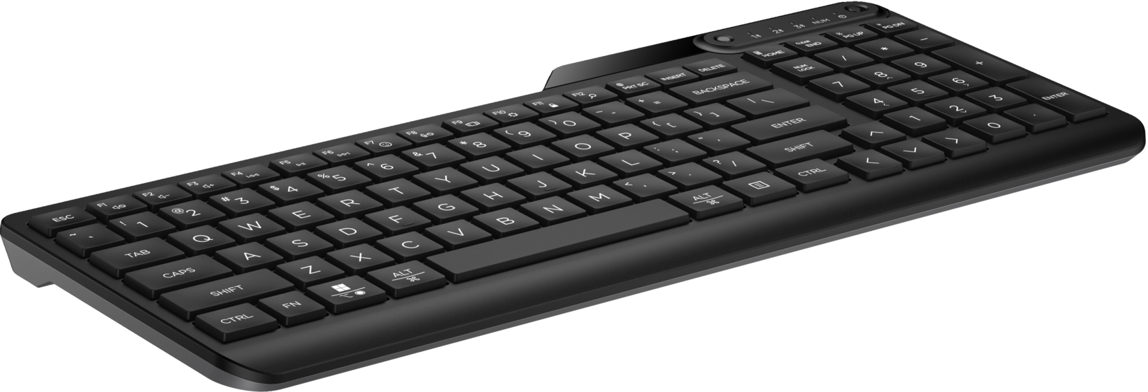 Clavier noir avec lettres et chiffres blancs. Possède un pavé numérique. Sur fond noir.