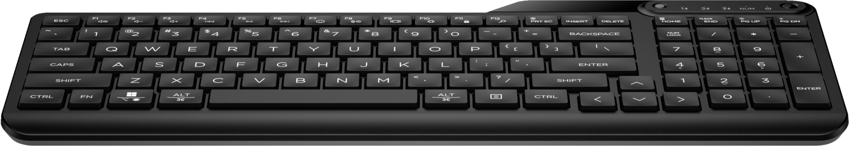 Un clavier d'ordinateur noir avec des touches et un pavé numérique. Il a un design élégant et moderne.