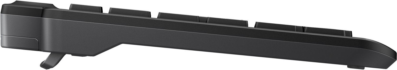 Gros plan du dessous d'un clavier noir, montrant la base incurvée et les touches.